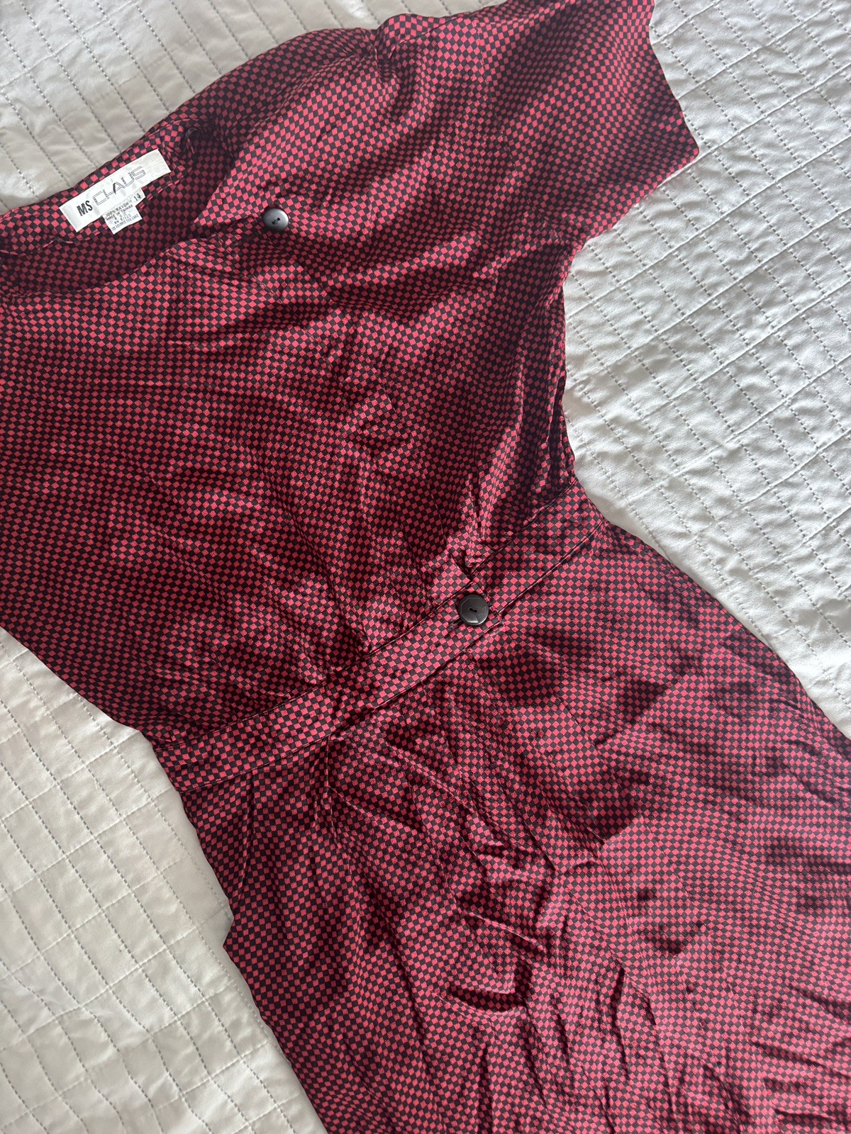 Vintage Ms Chaus Wrap Dress Red Black Check Rayon Midi Pockets Size 14 USA