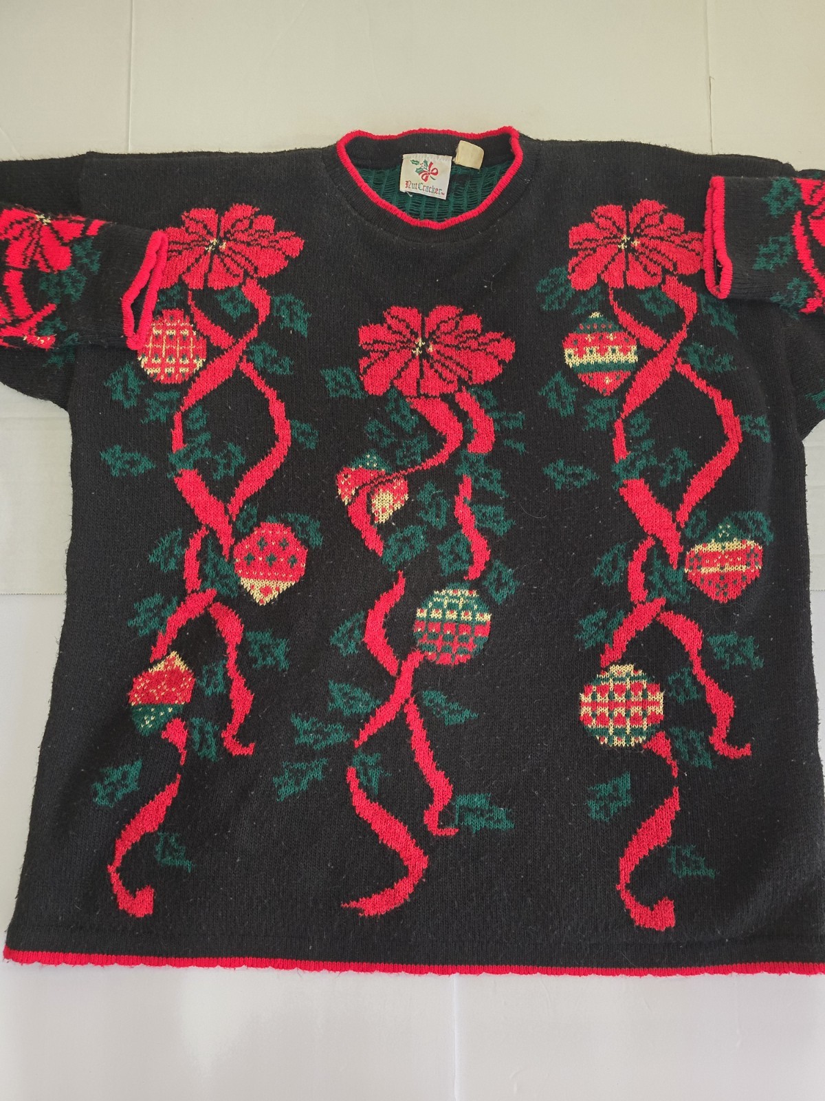 Vintage Nutcracker XL Holiday Sweater Bows Holly Ornament Grannycore