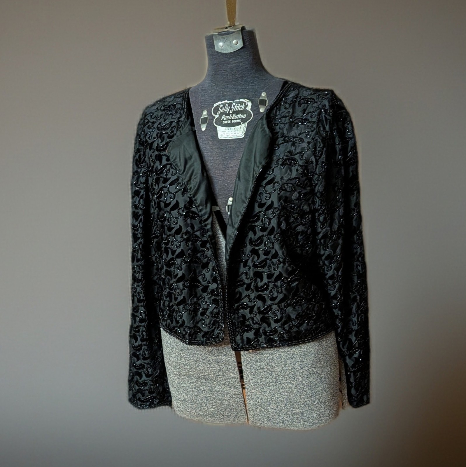 Vtg 80s Stenay Beaded Cropped Jacket M Fits L Black Devoré Paisley Open Evening