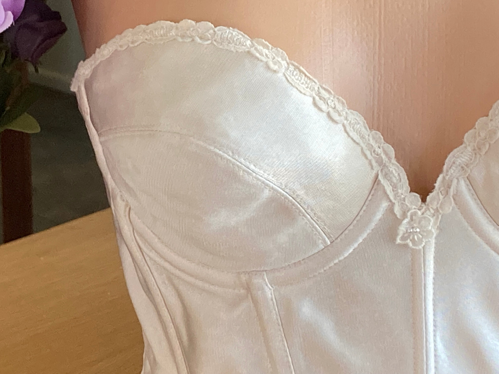 1122 FREDERICKS 36B Ivory SATIN Strapless Long Line Underwire Bra #5203 VINTAGE