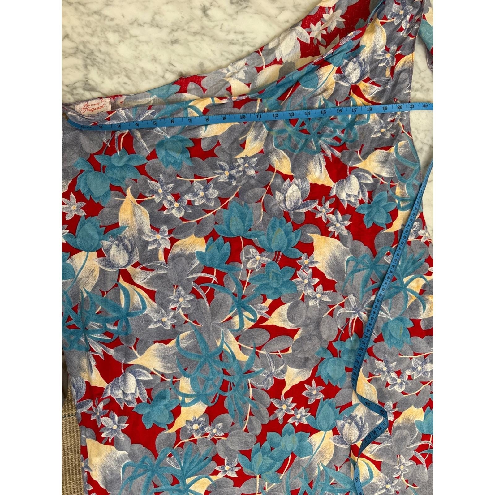 Luana Original Lahaina Hawaii One Shoulder Floral Maxi Dress Red Blue VTG Wrap