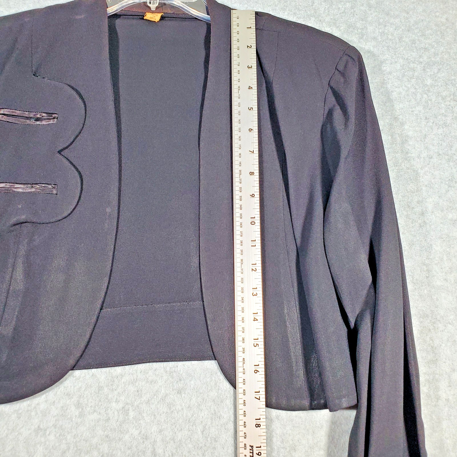 Vintage 50s Black Cropped Bolero Jacket Satin Cuffs Open Front Womens Size 20