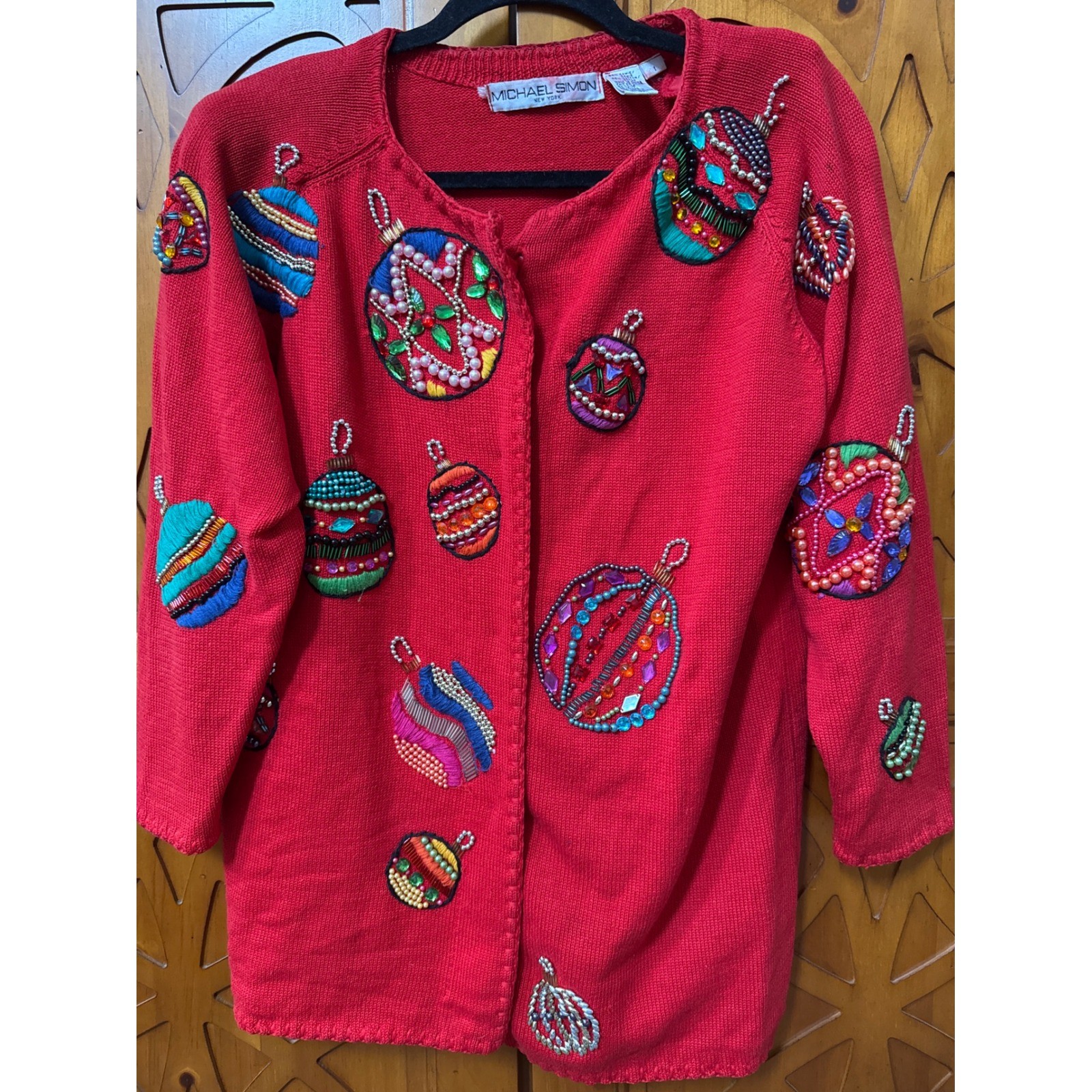Michael Simon Vintage 1991 Beaded Christmas Ornament Cardigan Sweater Red Sz M/L