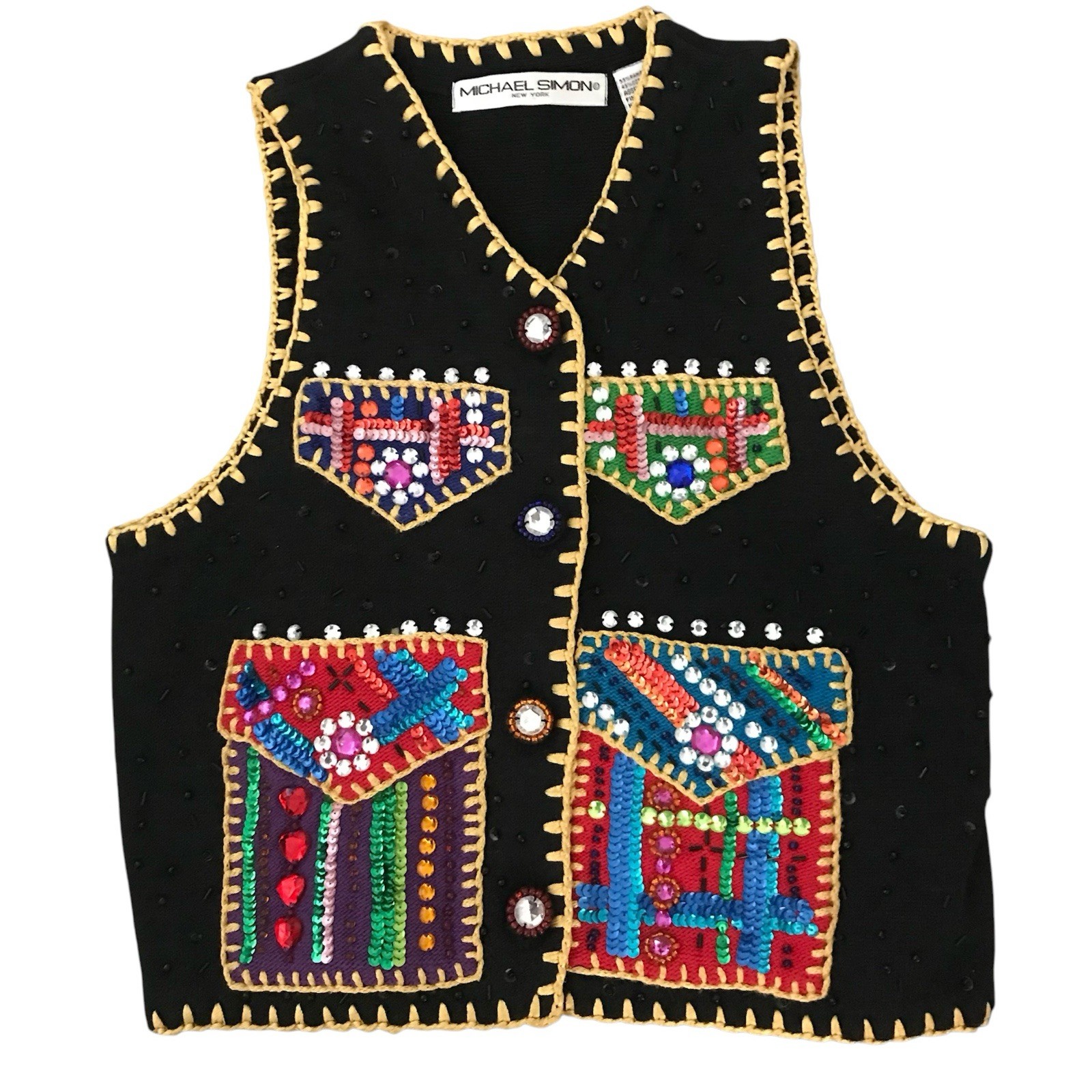 Wearable Art Vest M Sequin Beaded Southwestern Vintage Boho Michael Simon