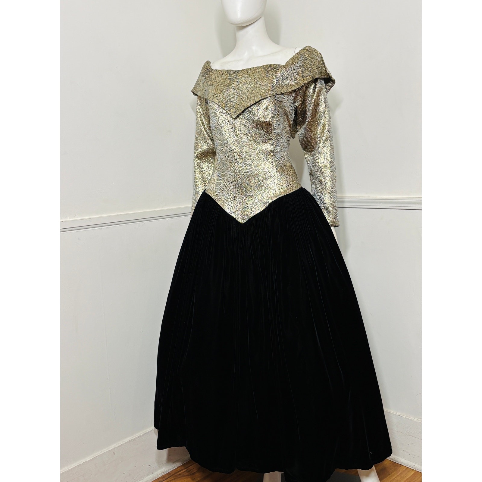Large 1980s Vintage Snake Print Brocade and Velvet Formal Gown