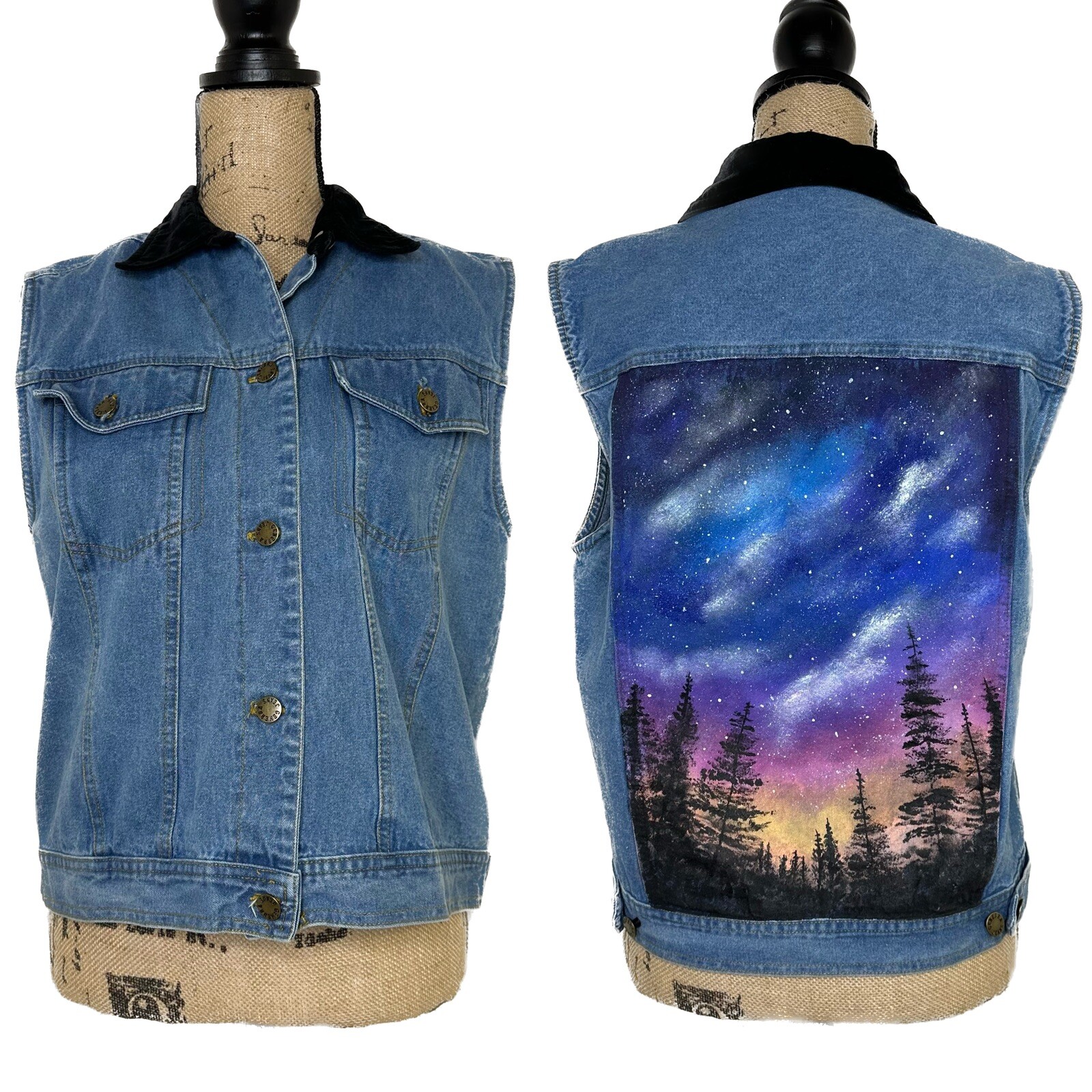 Vintage Hand Painted Denim Vest Womens Size M Forest Stars Generra Art To Wear