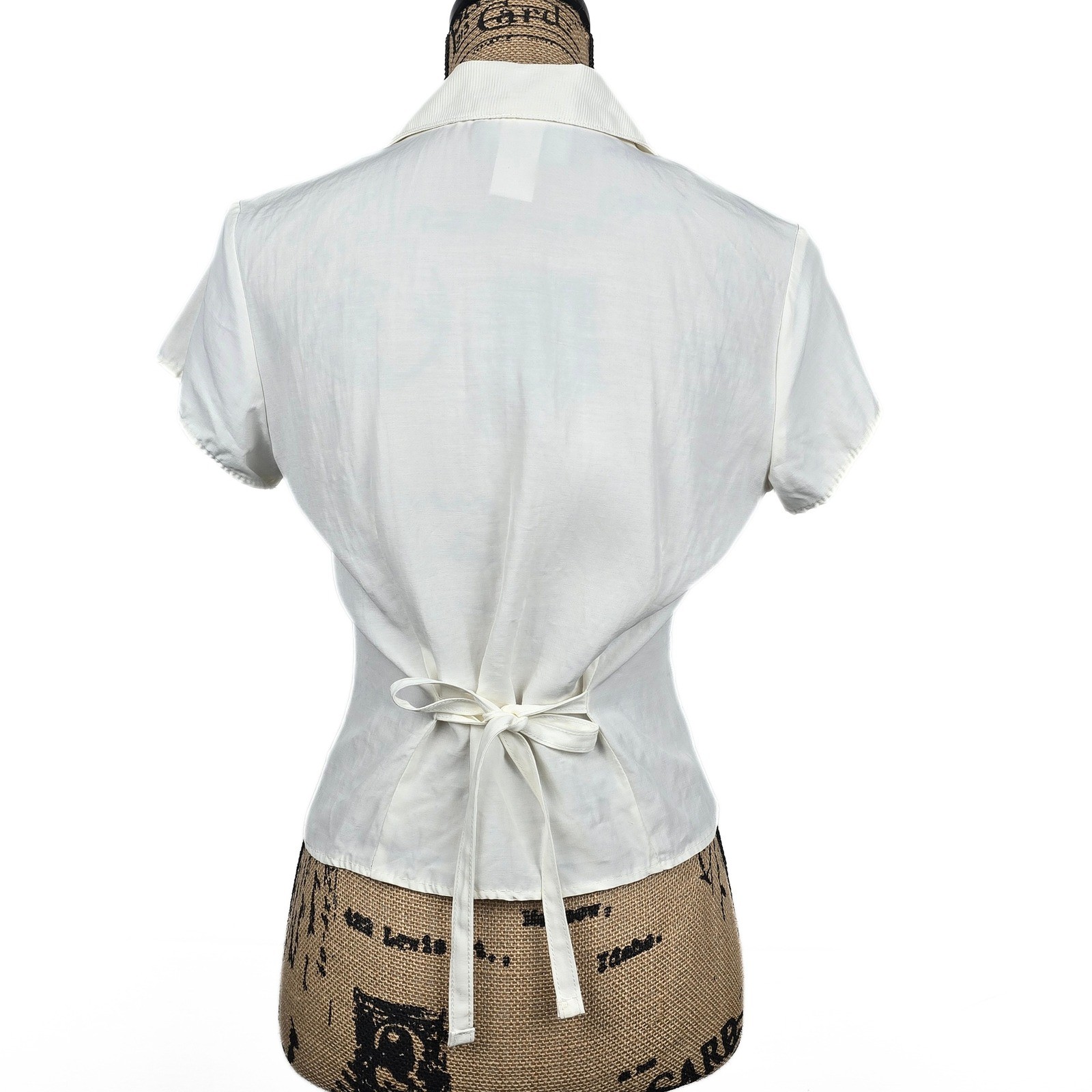 Vintage You Nique Off White Textured Button Up Blouse Waist Tie USA Medium