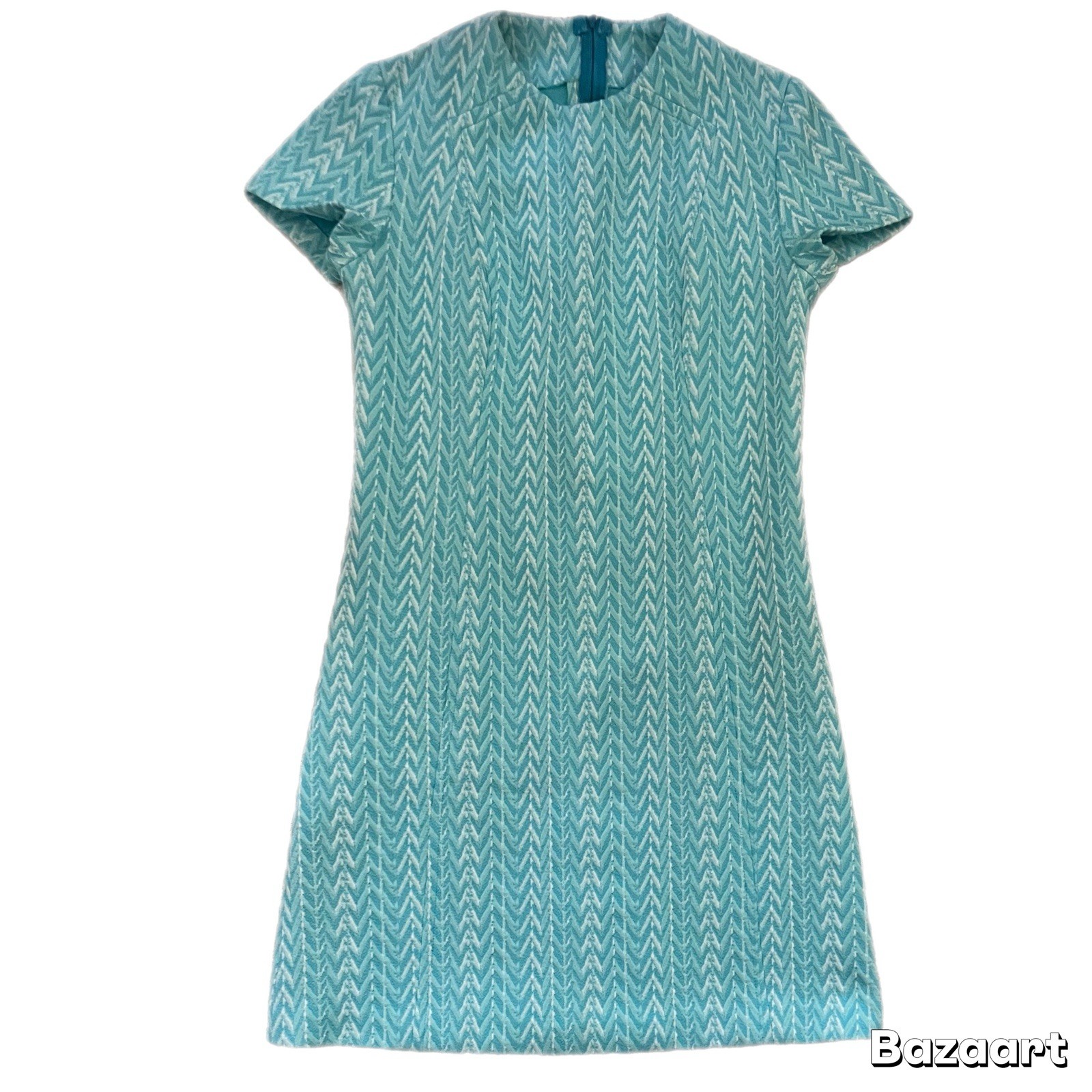EUC Vintage 1960s Polyester Textured Mod Aqua Chevron Print Shift Dress Small