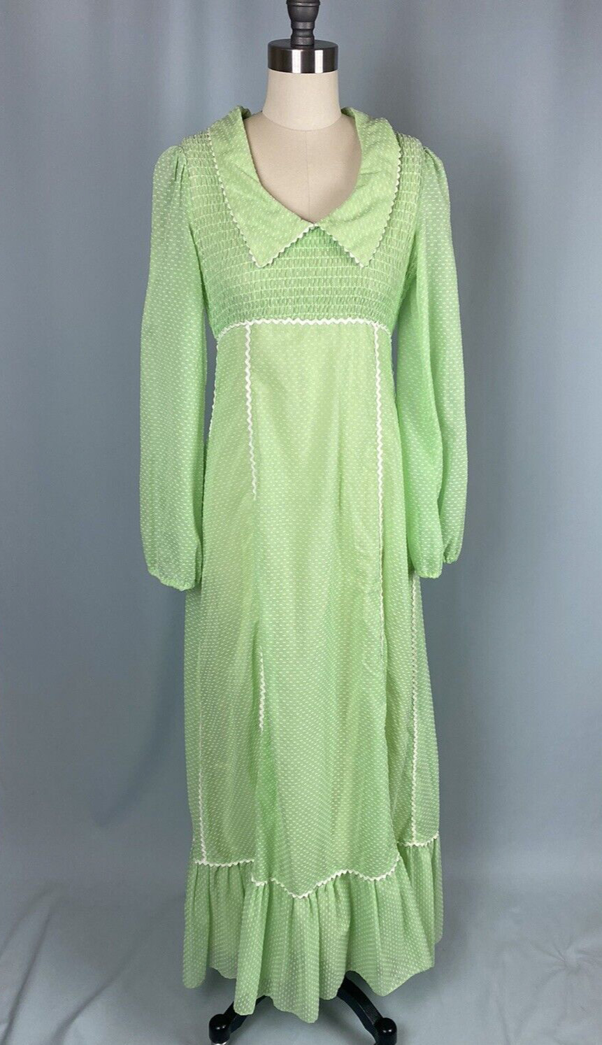 Vintage Dress CANDI JONES Size 7 lime green boho prairie maxi 60s 70s Cottage