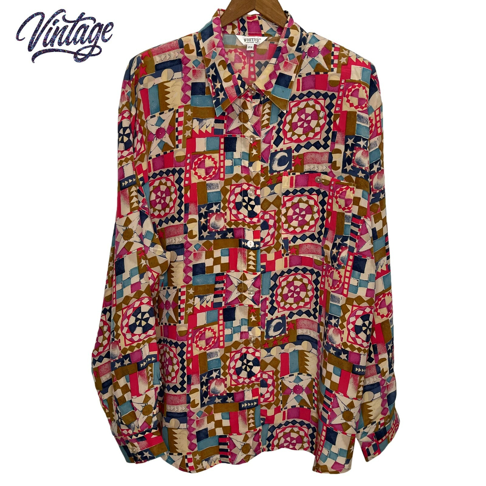Vintage WHITBY Top Sz F3/1X 100% Silk, Button Up, Long Sleeve, Stars, Colorful