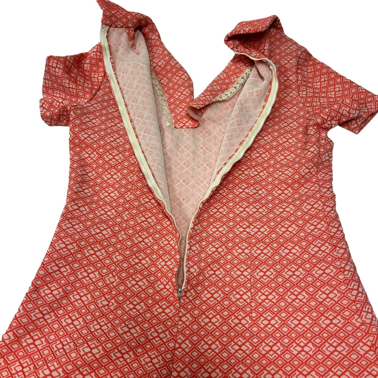 Vtg 60 70’s KNIT MoD PINK White GEOMETRIC Go Go Hippie MINI Dress Disco Shirt M