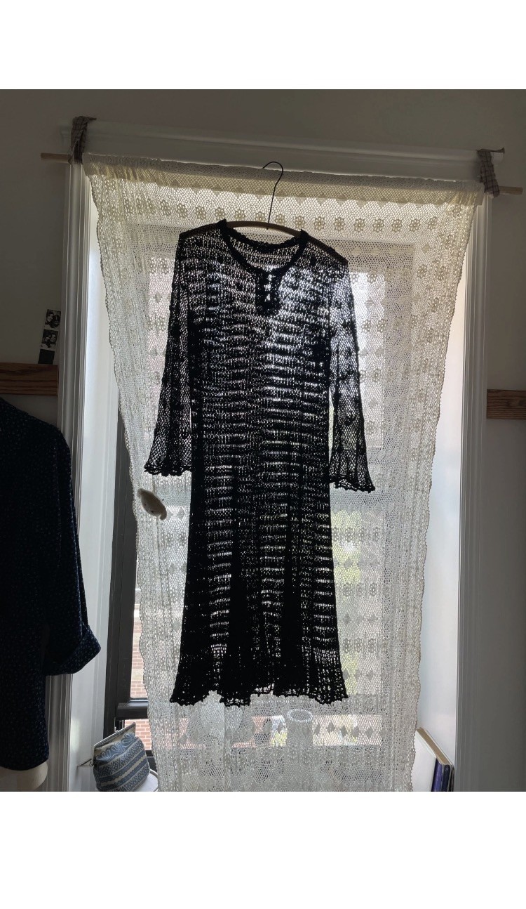 Vintage Black Cotton Hand Crochet Dress Long Sleeve Open-weave lace Knotted Cott