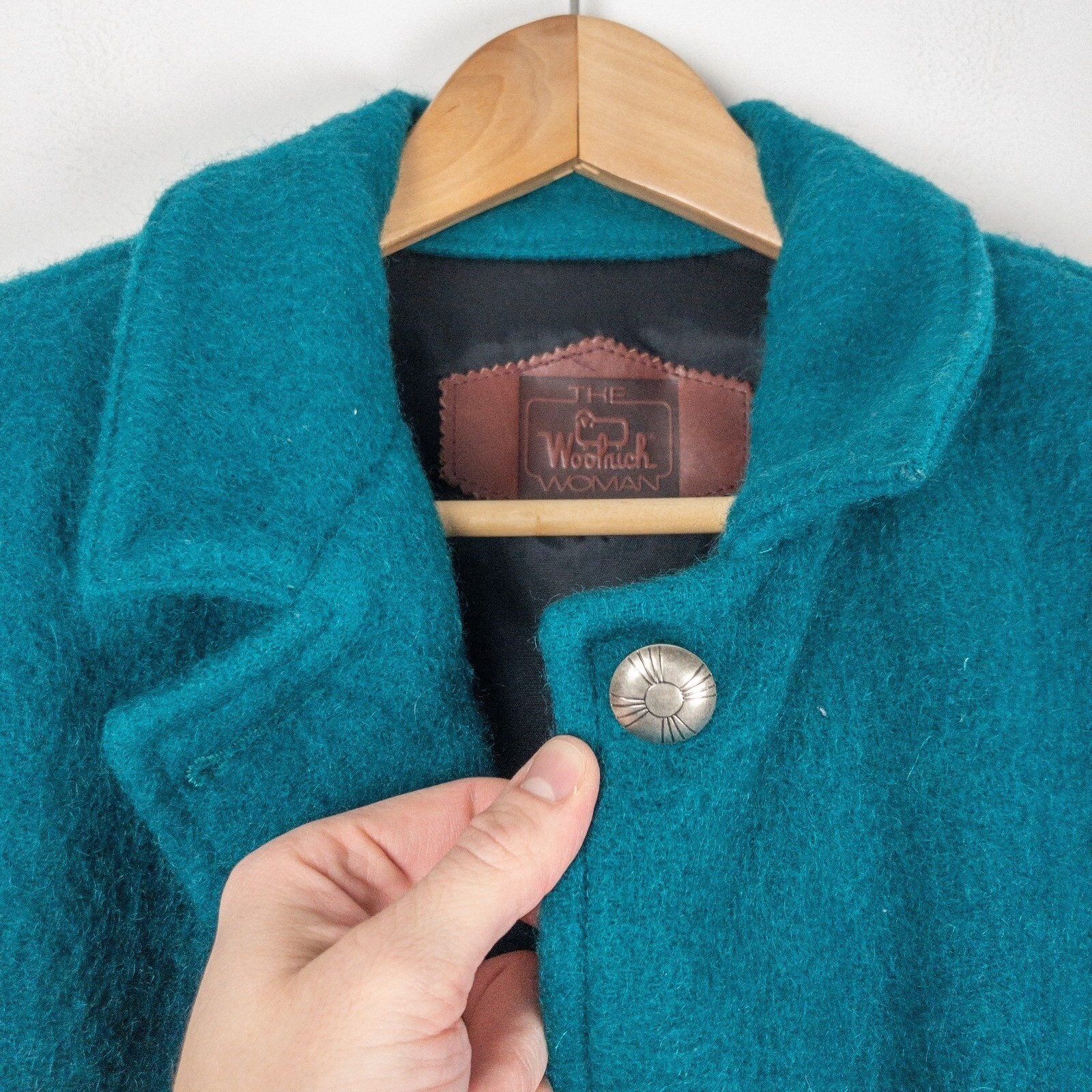 Woolrich Wool Coat Womens M Teal Blue Vintage Made in USA Button Front Jacket