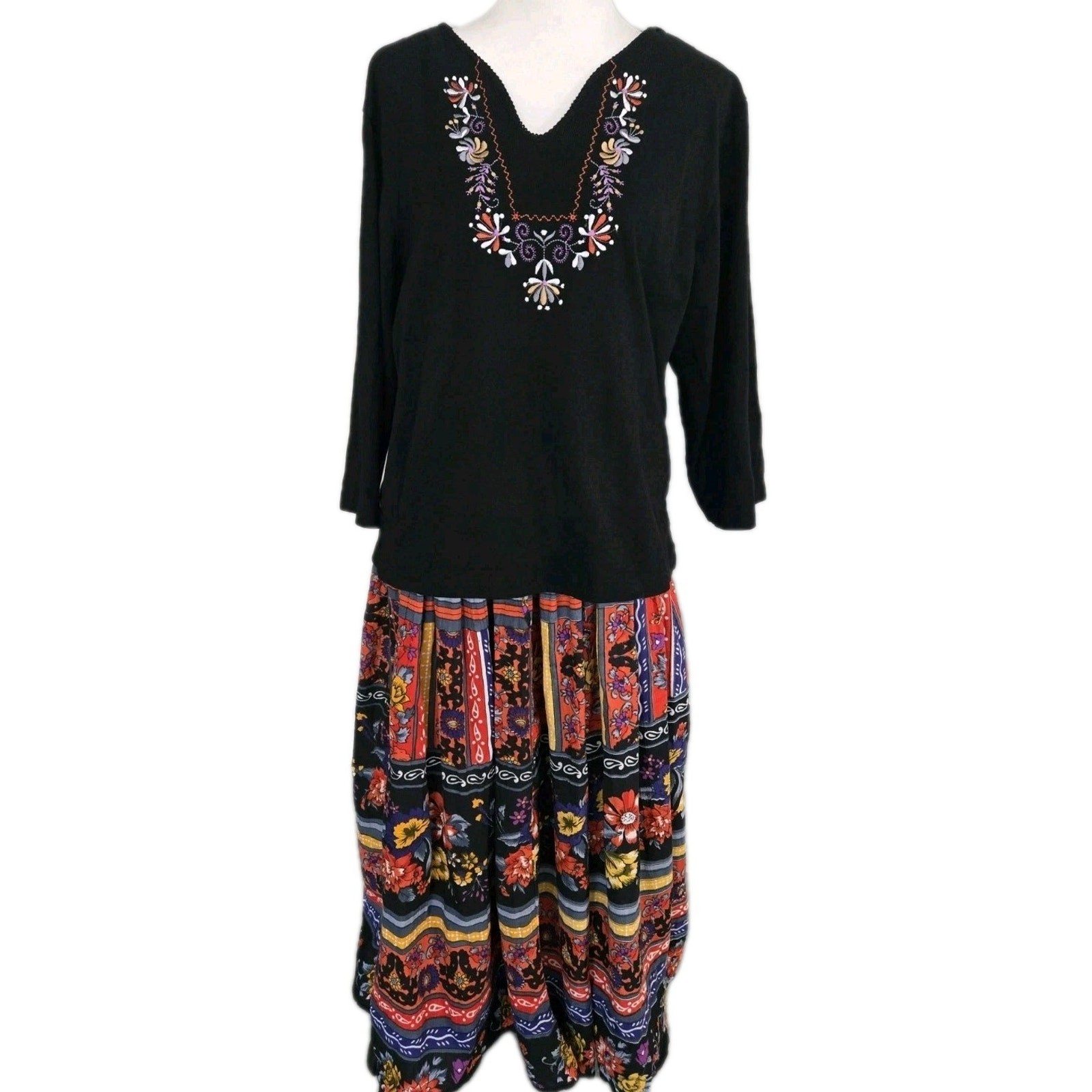 Vtg 90s Phool Boho Art To Wear Broomstick Floral Skirt & Embroidered Blouse Sz M