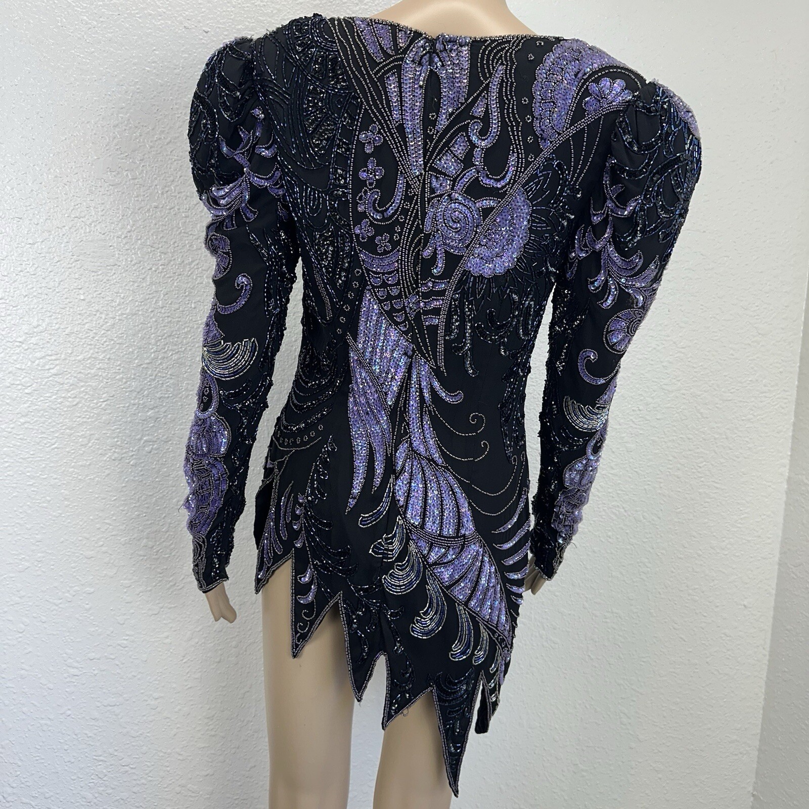 Vtg Fully Beaded Sequin Silk Mini Dress Tunic Peacock Great Gatsby Dancer M