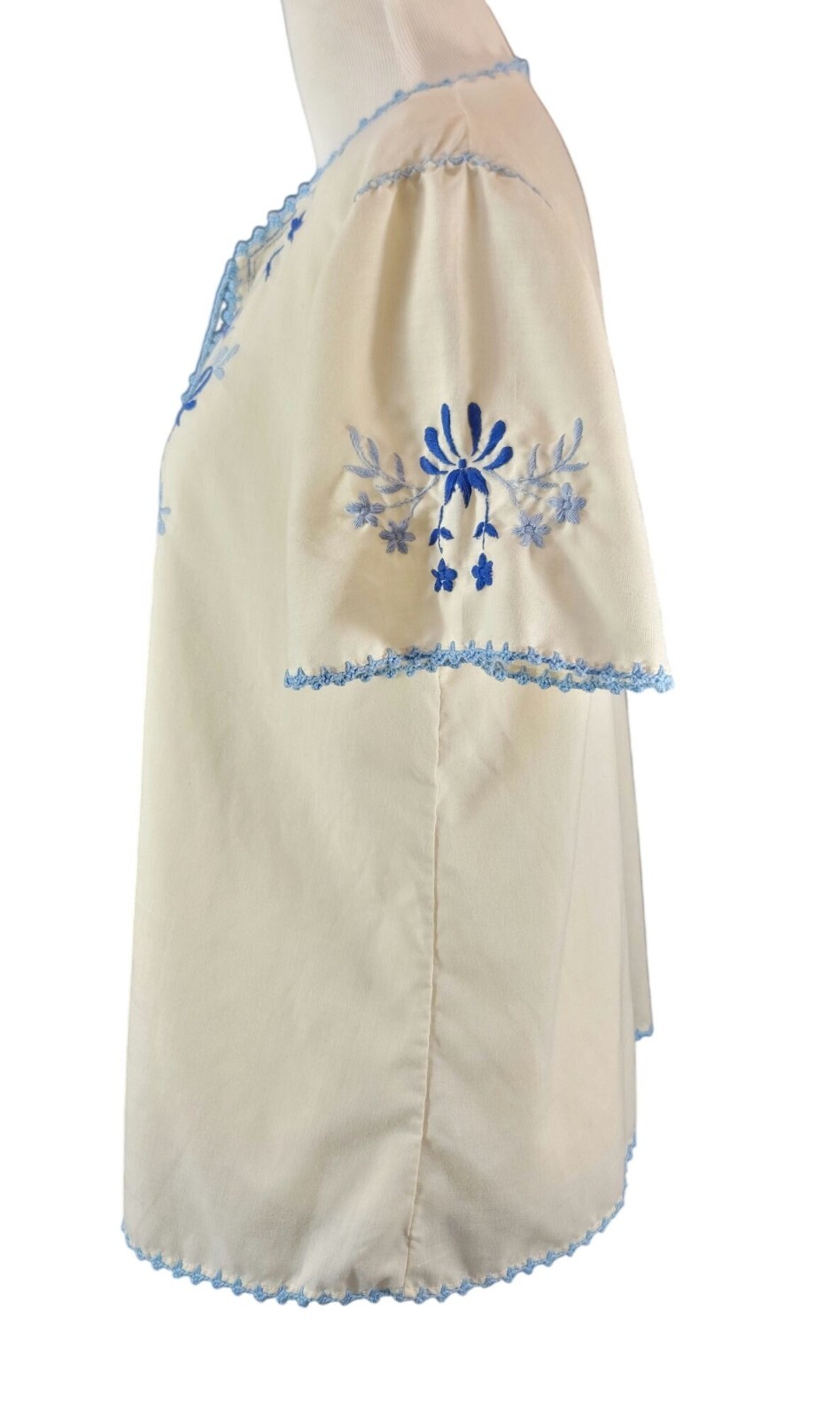 Vintage 1930s Hungarian White & Blue Bohemian Embroidered Floral Folk Blouse S