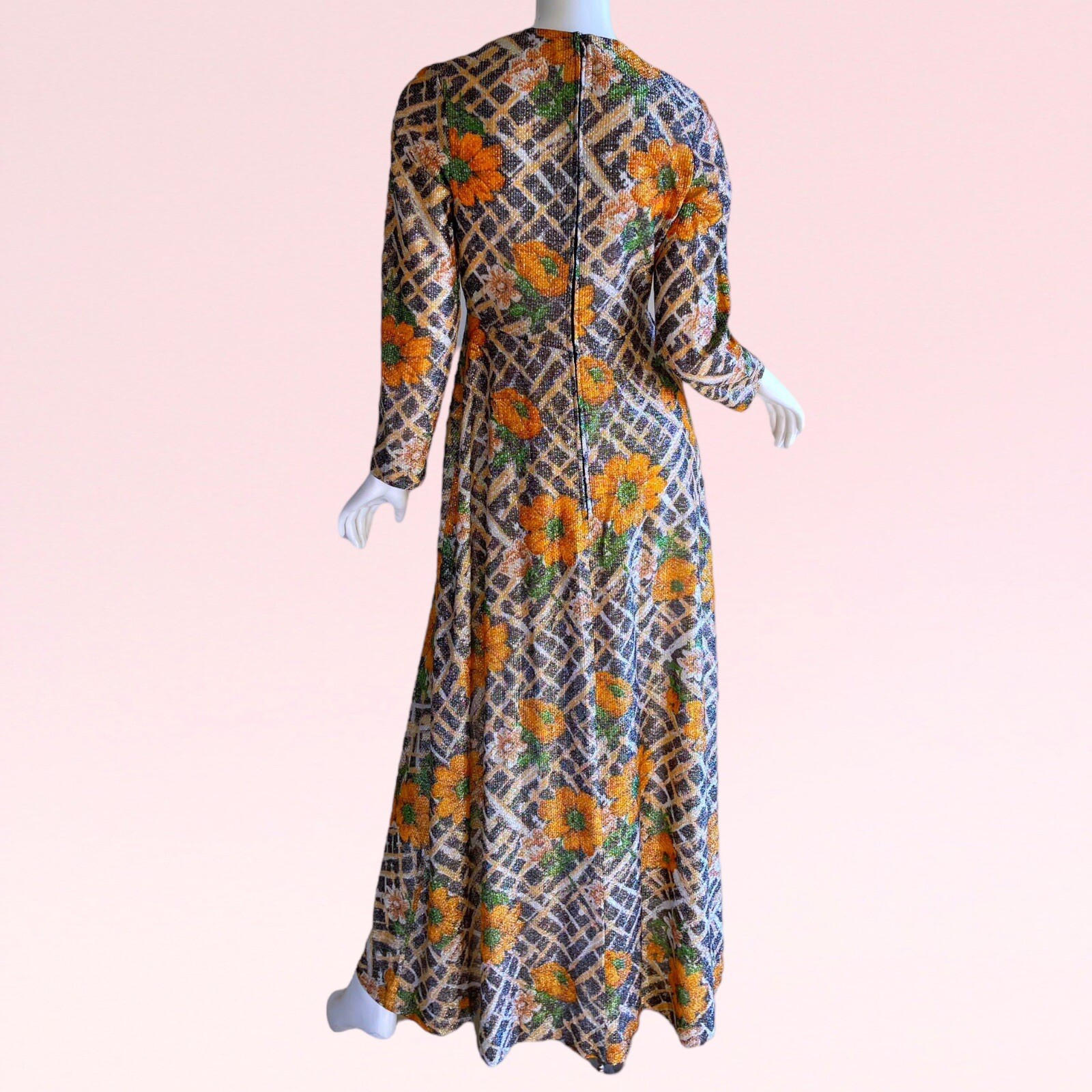 1970s Vintage Avalon Metallic Gold Lame Sunflower Novelty Print Maxi Dress