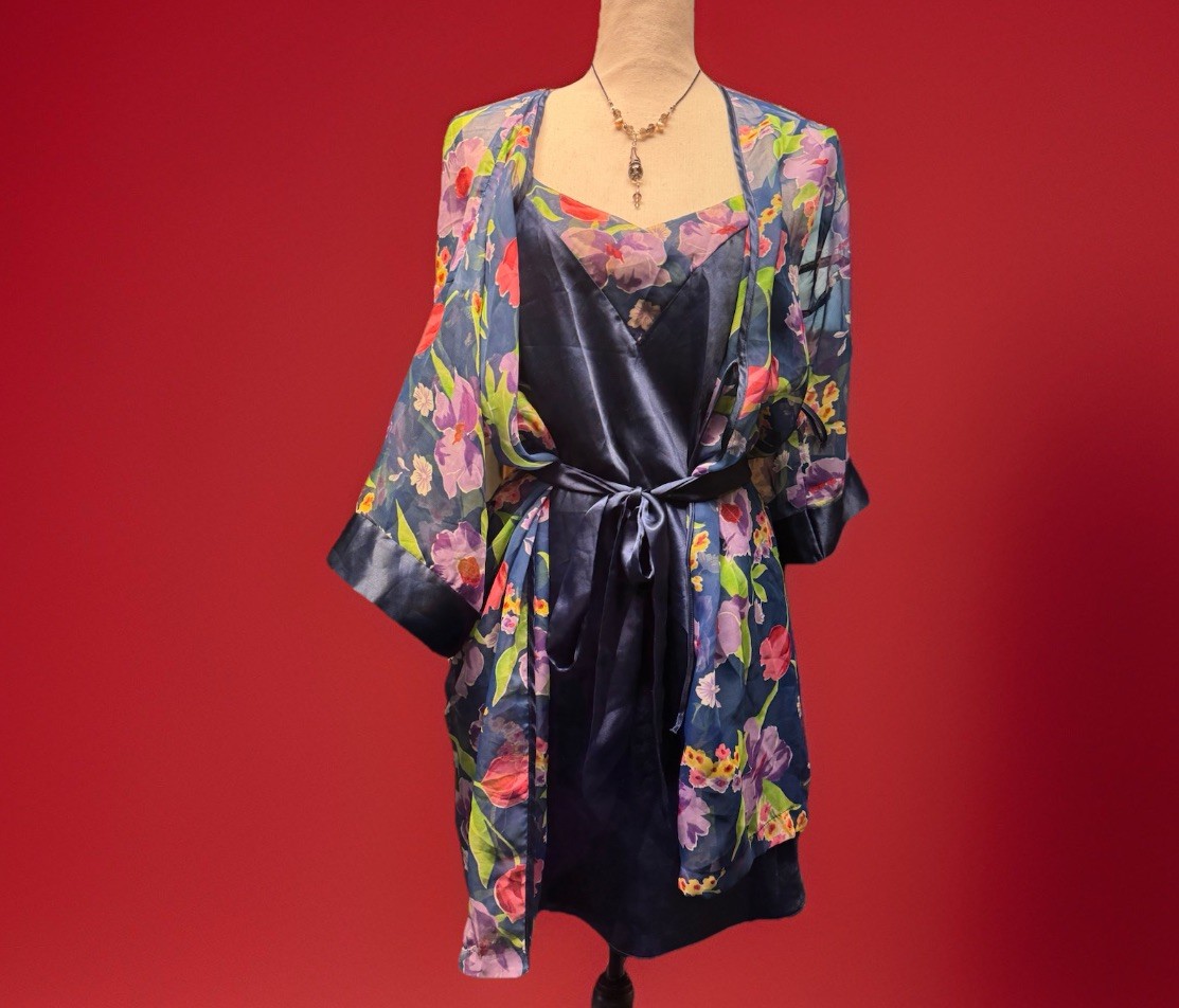 VTG Violets&Roses 90s Satin Nightgown Sheer Robe Set Floral USA Small Slip Dress