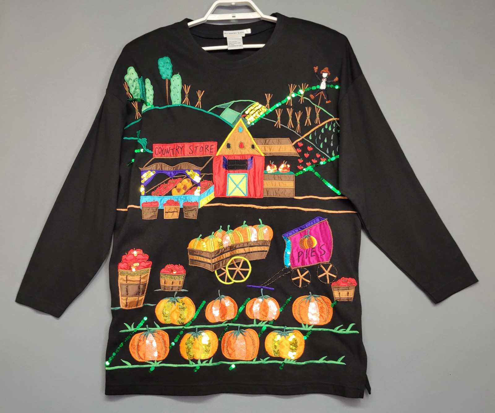 Vintage 80s Accessory Lady Top Womens L Black Fall Applique Embroidered Sequin