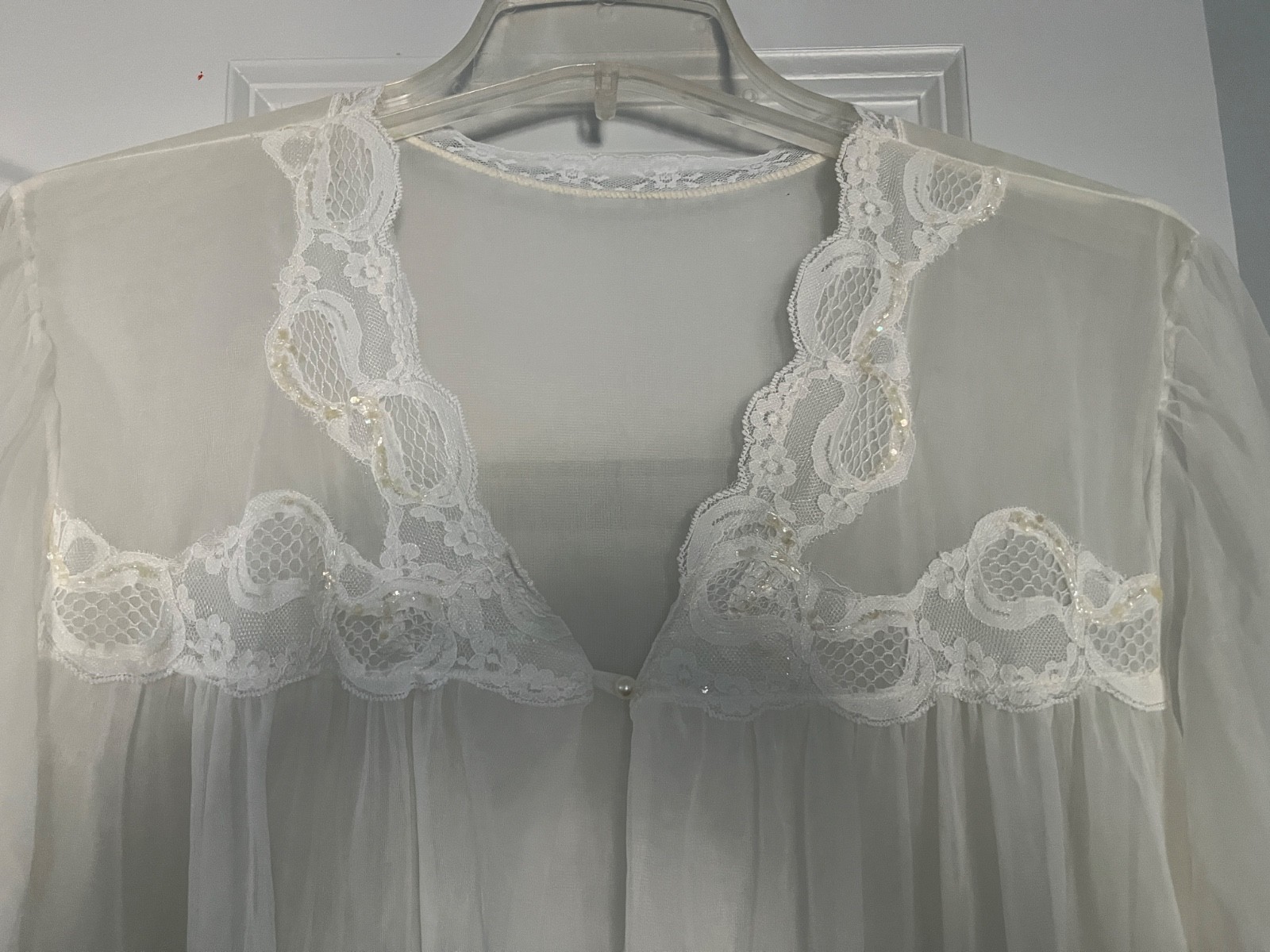 Vtg Suzy Star Boutique WHITE With Sequin Nylon PEIGNOIR Robe/Nightgown Set Large
