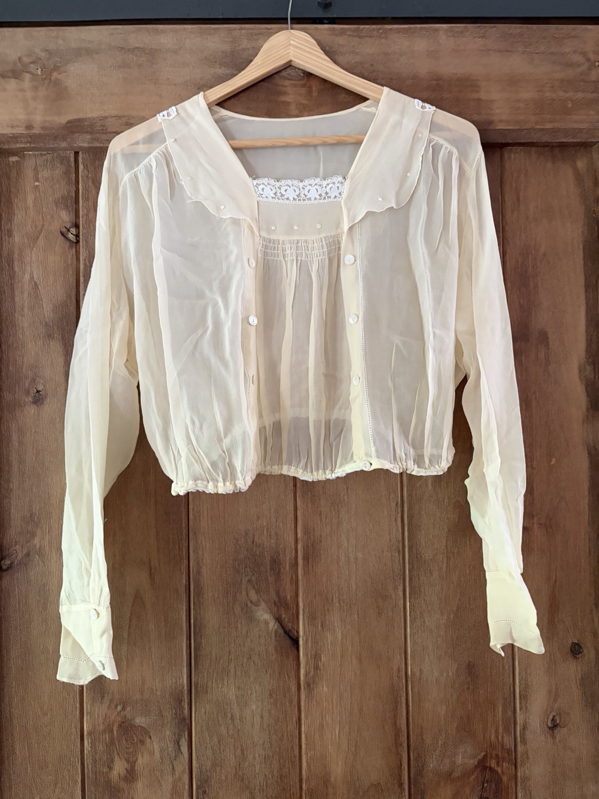 Antique 1920s Sheer Bed Jacket Boudoir Blouse Lace Embroidery Ivory Lingerie