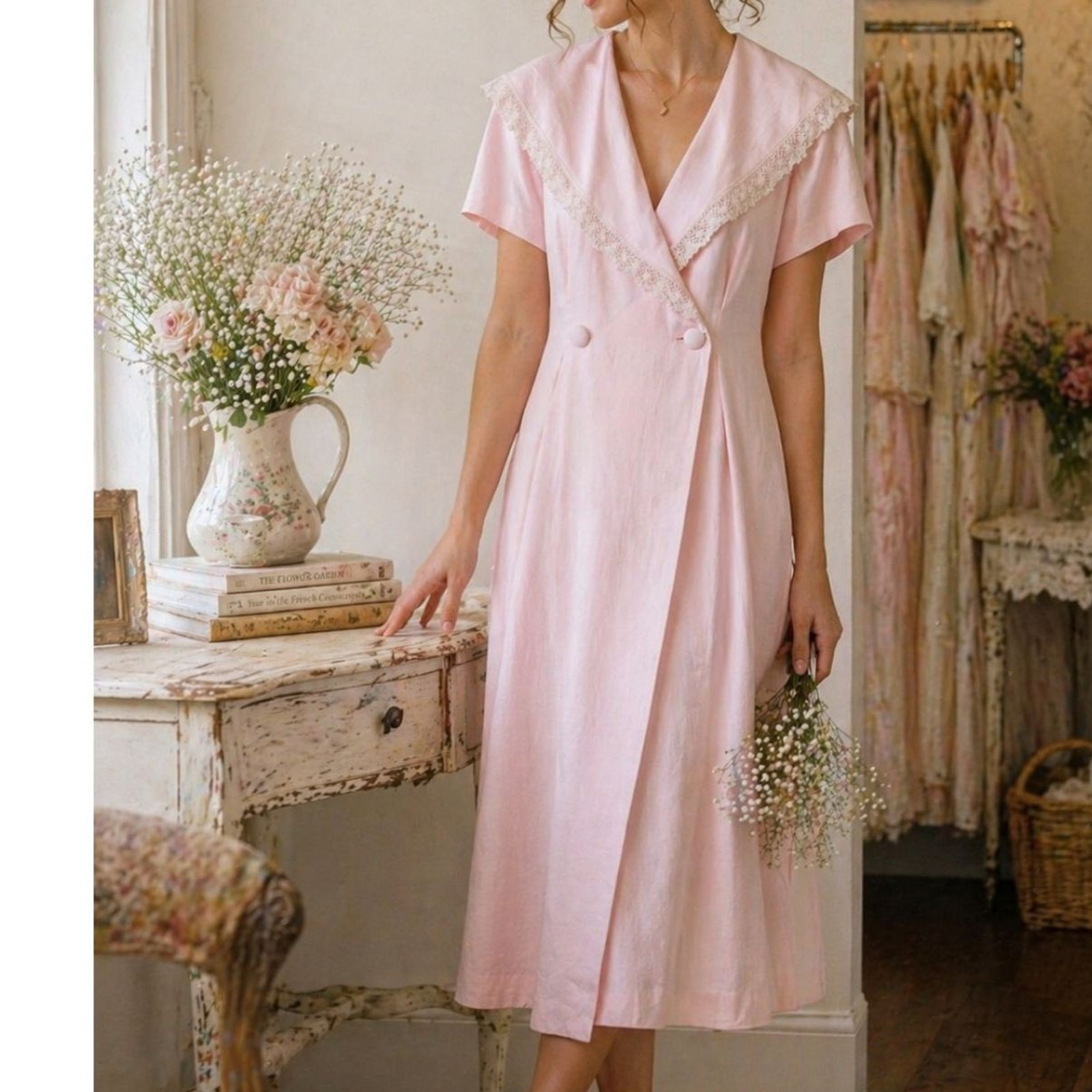 Vintage Pink Linen Rayon Midi Dress 12: Lace Collar, Wrap Style, Union Made USA