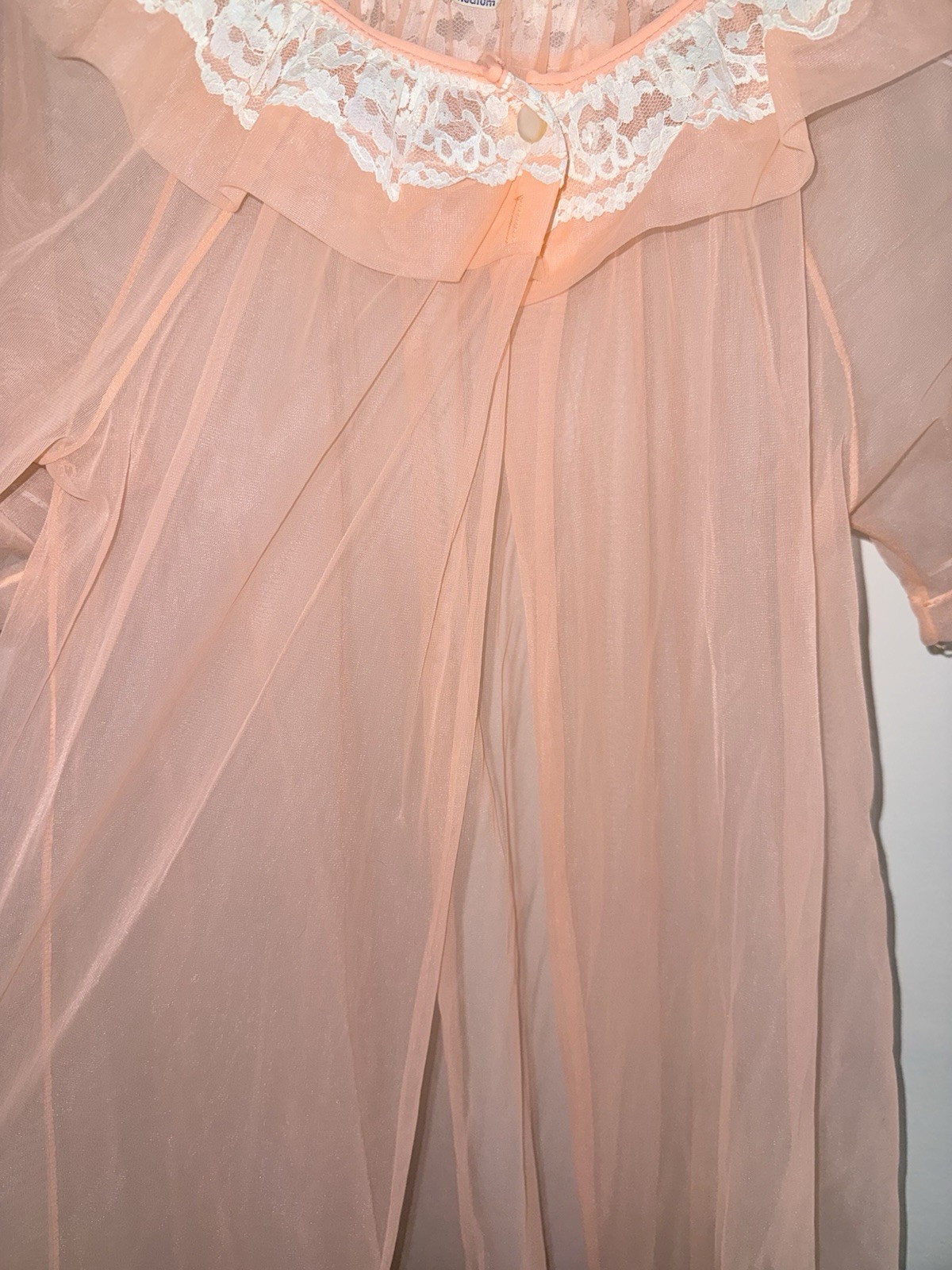 Vintage Sheer Peach Nylon Peignoir Lace Trim Short Nightgown M 50s 60s Glam