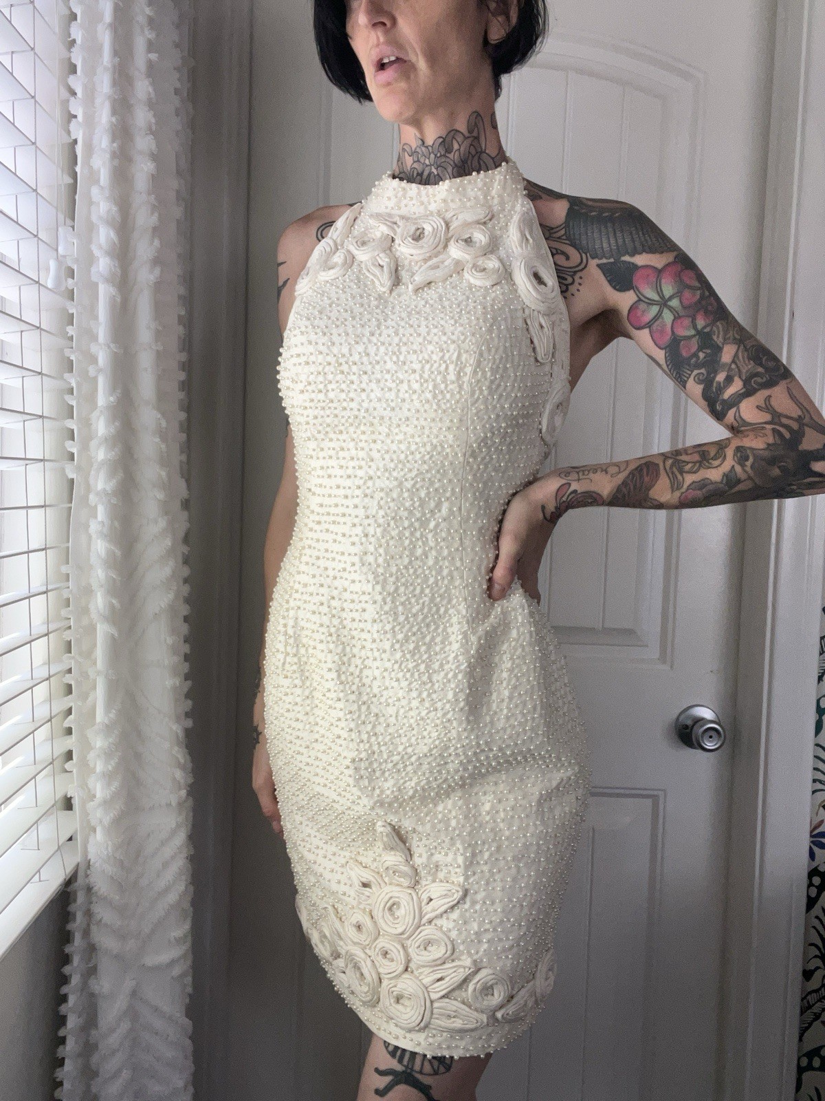 Vtg 90s Baracci Couture Pearl Embellished Rosette Silk Halter Mini Dress Wedding