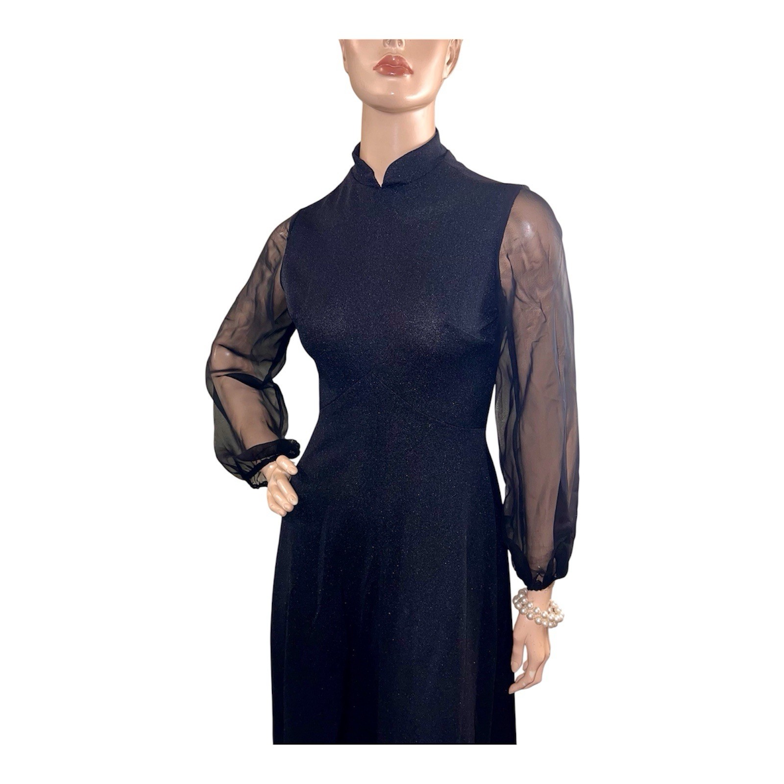 Vintage 1970 Cocktail Dress Black Party Sheer Sleeve Maxi Polyester Full Swipe S