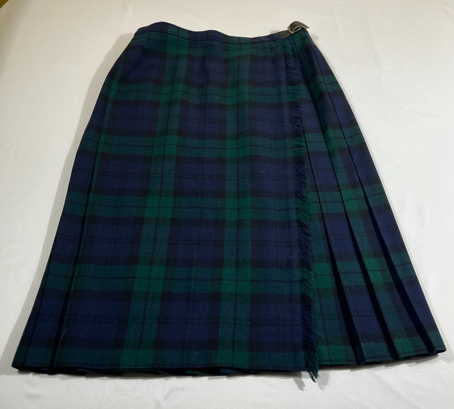 St Michael Vintage Black Watch Tartan Kilt Skirt 16 GB Green Blue Plaid Pleated