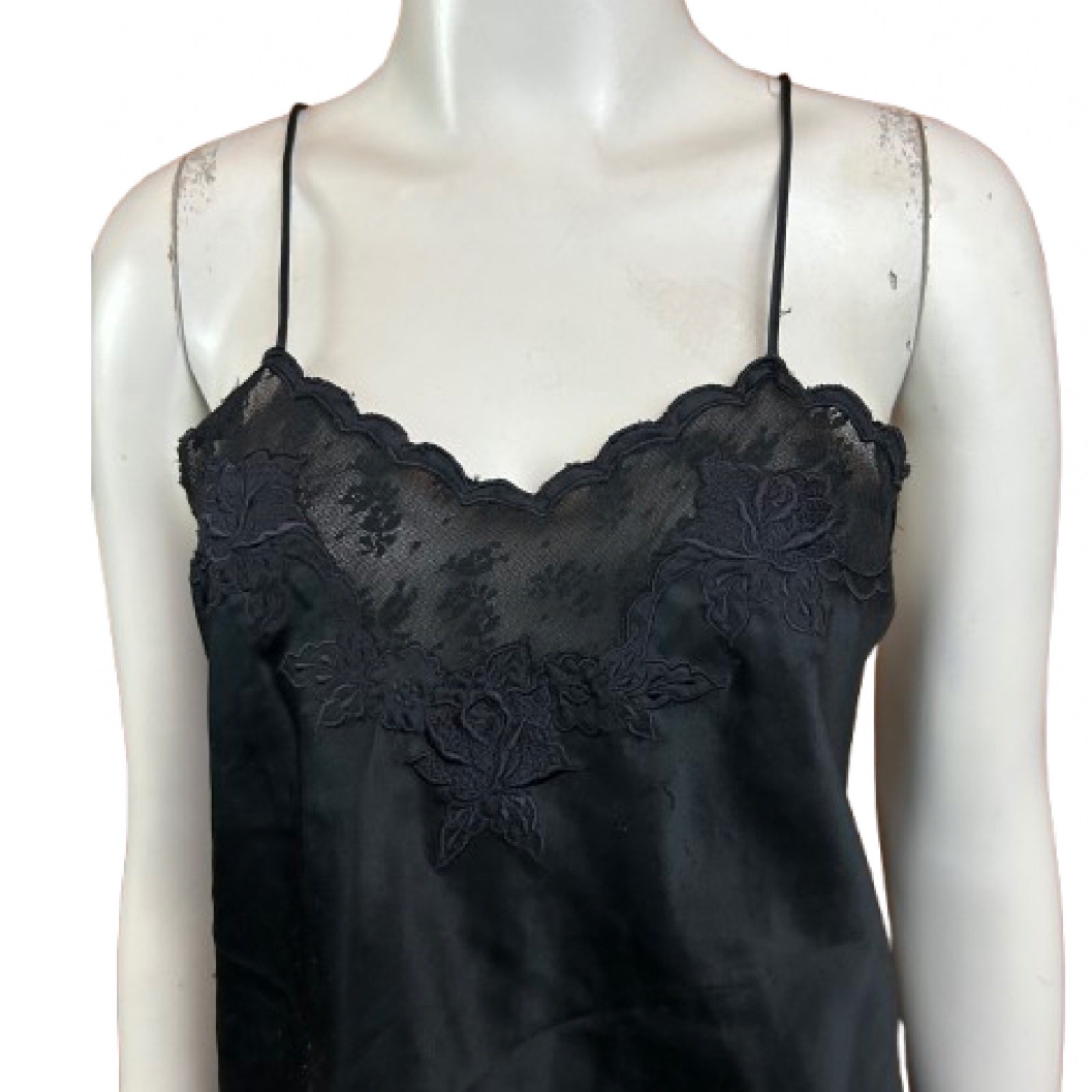 Vintage 1990s Black Sexy Nightie Camisole Top Spaghetti Strap Shirt / Small ^