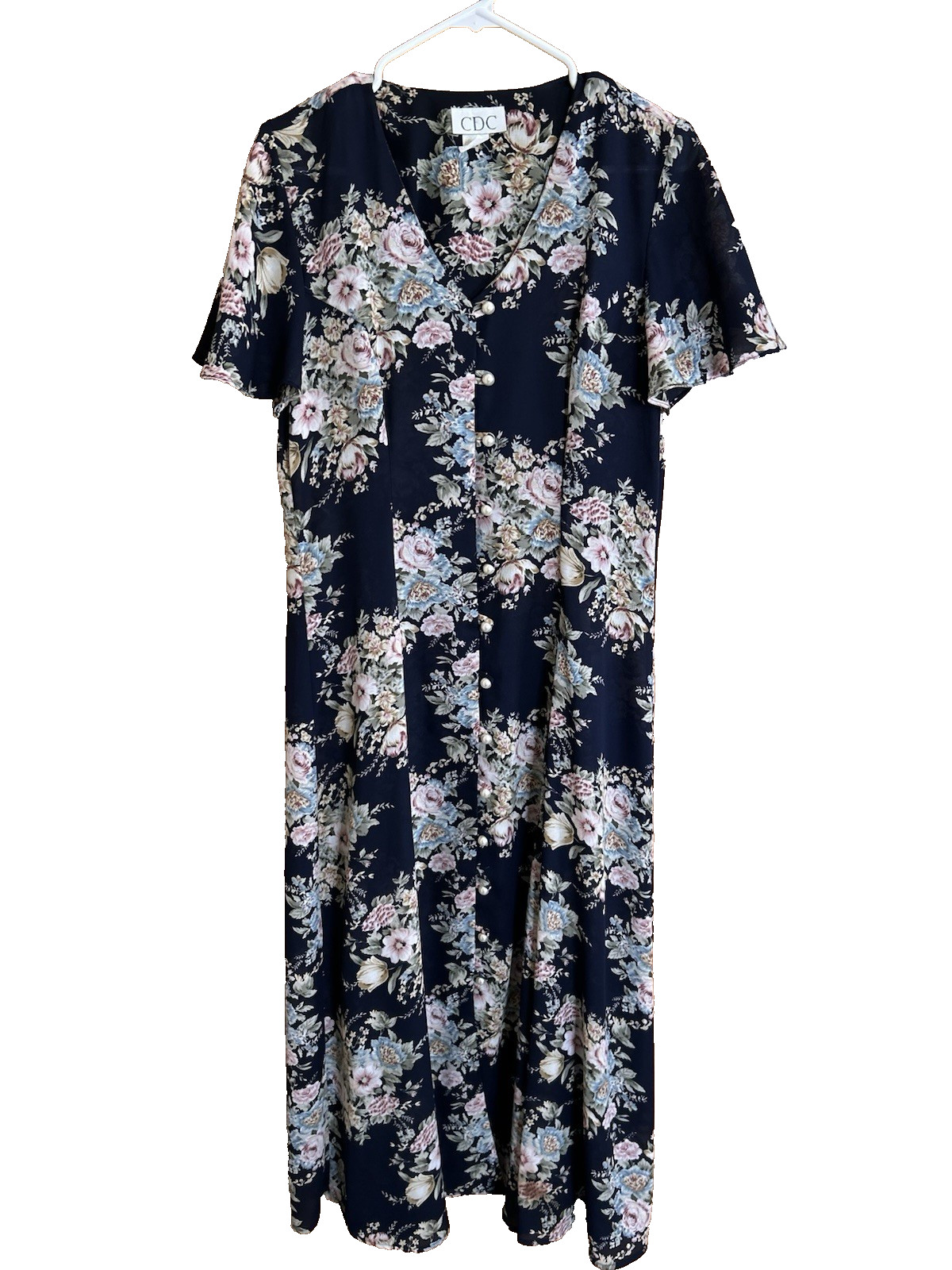Vtg 90s CDC Womens Dress Sz 8 Navy Blue Floral Midi Button Front Cottagecore