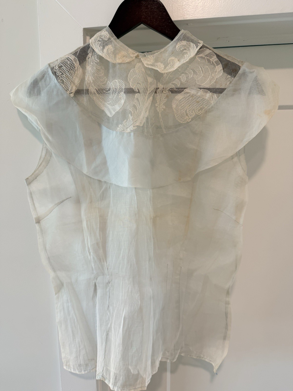 Vintage 1930s Sheer Blue Organdy Blouse Embroidered Lace Ruffle Collar Art Deco