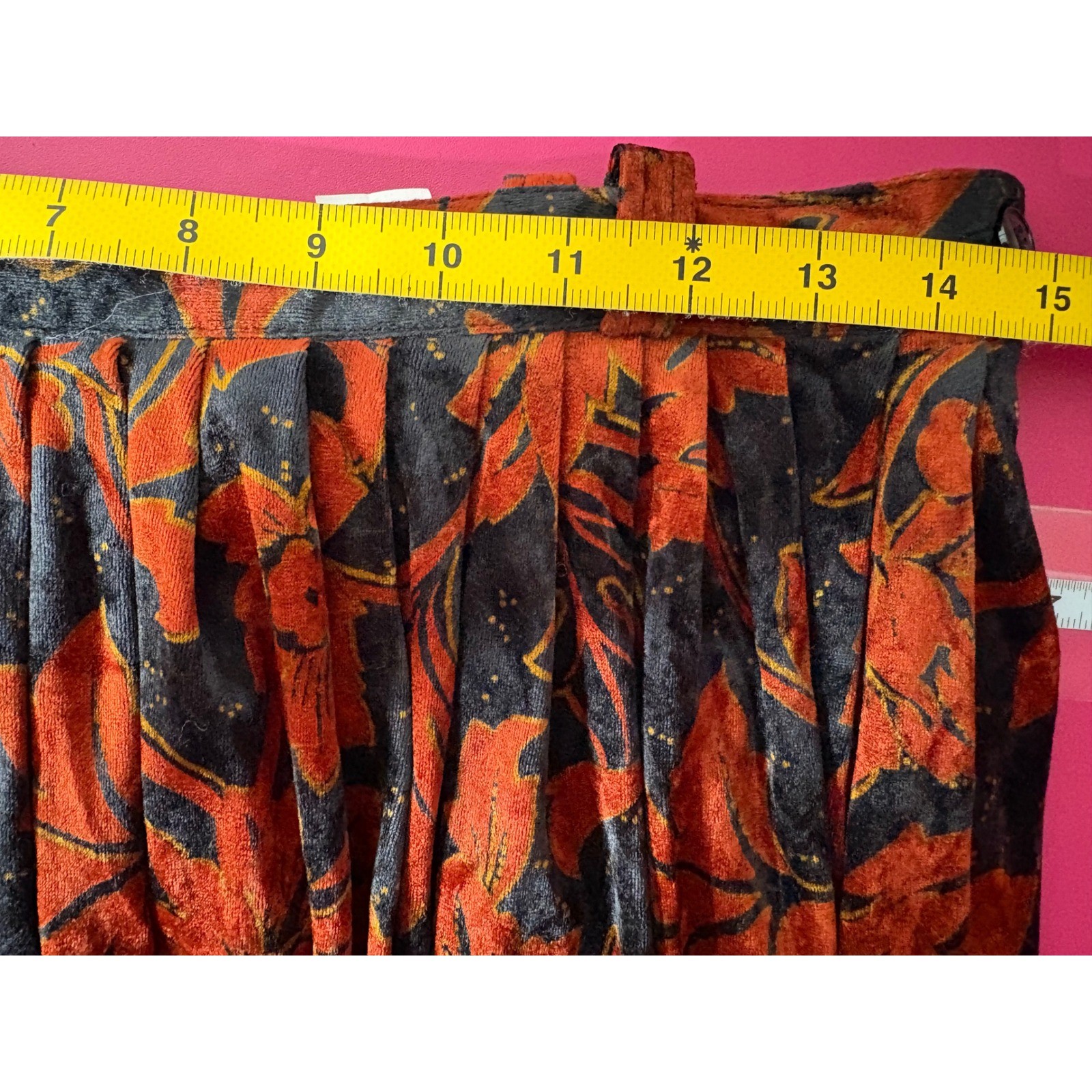 VTG 90s DIANA BENTALLS Ochre Black Floral Velvet Pleated Midi Skirt Sz 46 Grunge