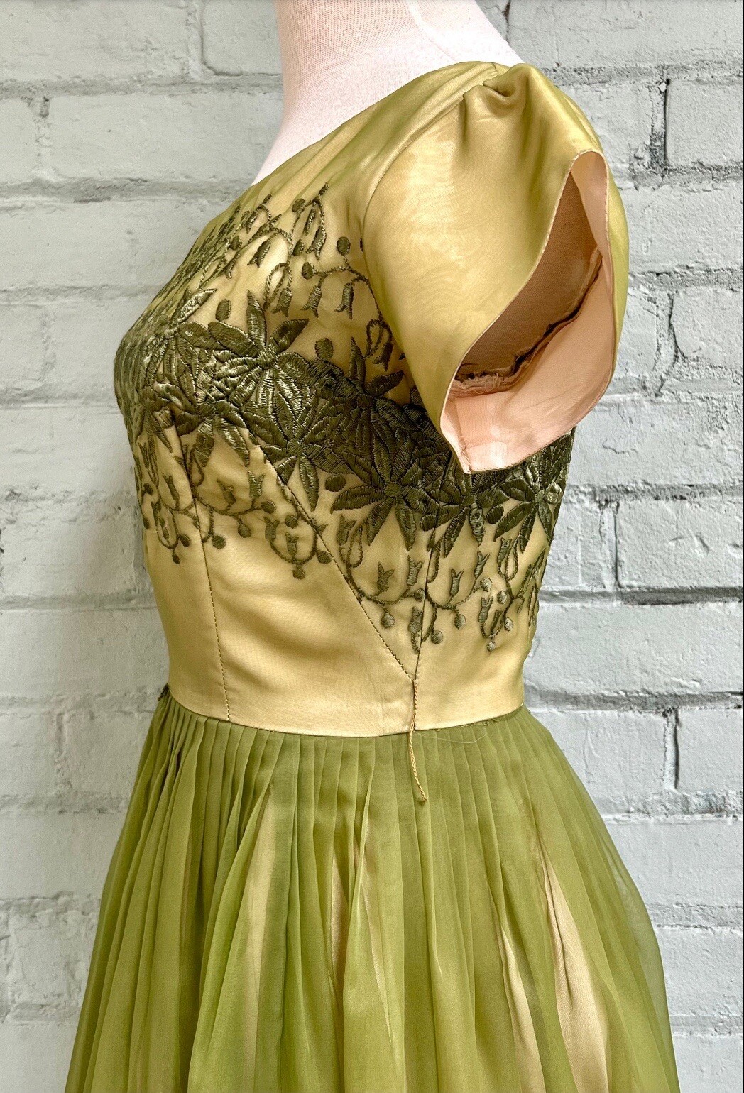 Vintage 1960s chartreuse organza fit and flare cocktail party dress / small