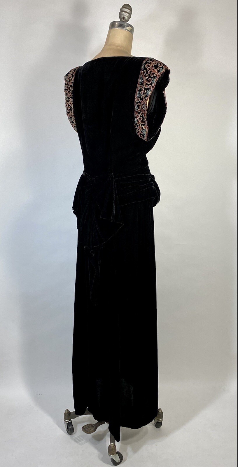 Vintage 1940’s GLAM NOIR velvet gown with beaded sleeves & unique peplum design