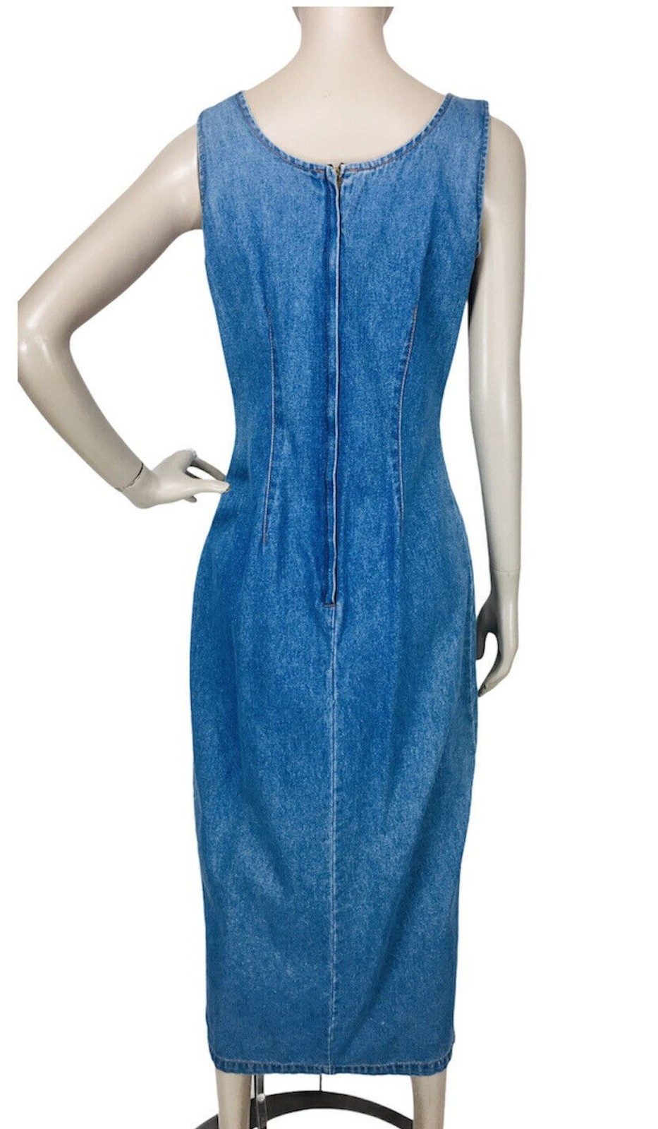 VTG 80s Bombshell Hourglass Denim Thigh-Slit Front Side Button Jean Dress NOS