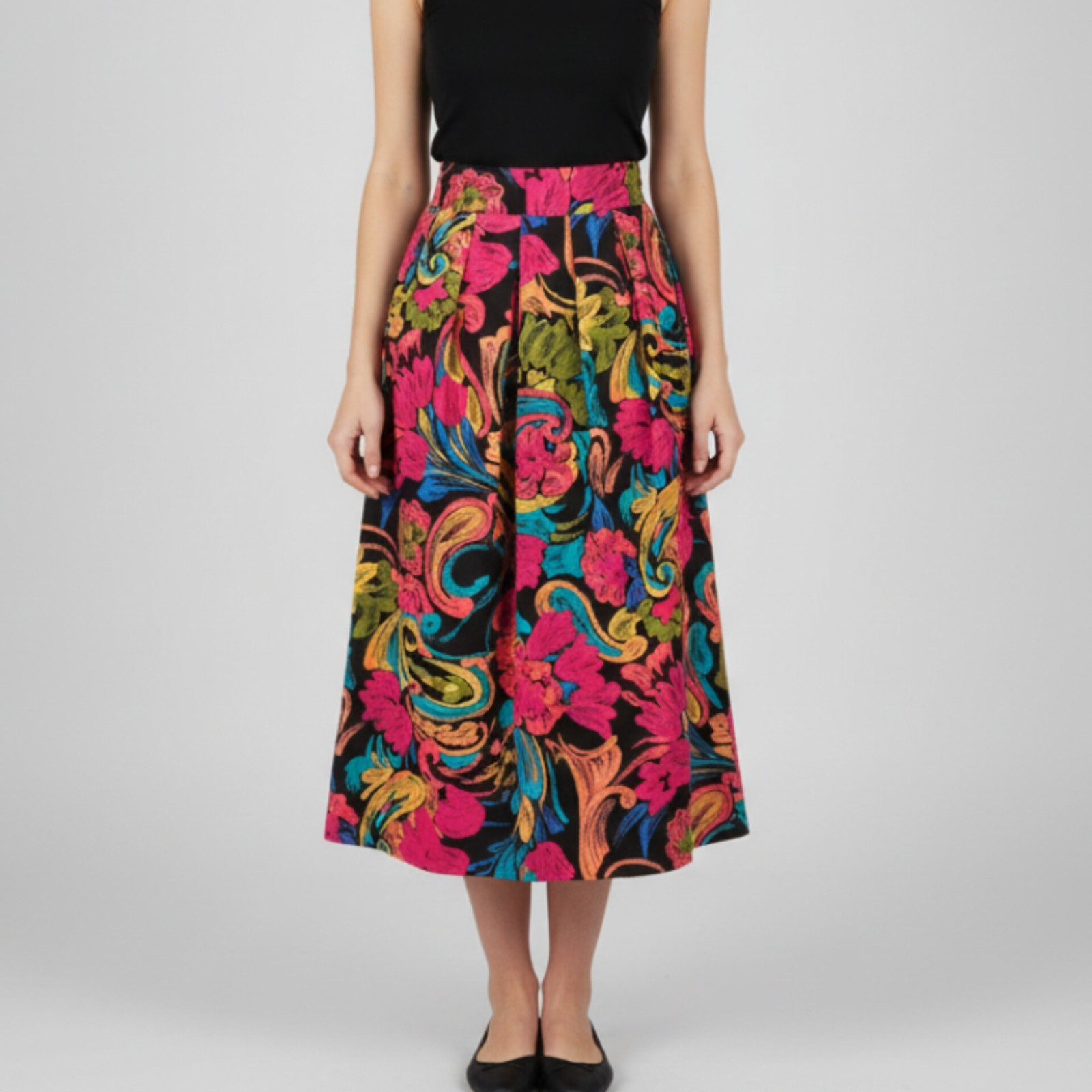 Vintage Maggie McNaughton 1990s Floral Skirt – Black Pink Teal Orange Green Blue