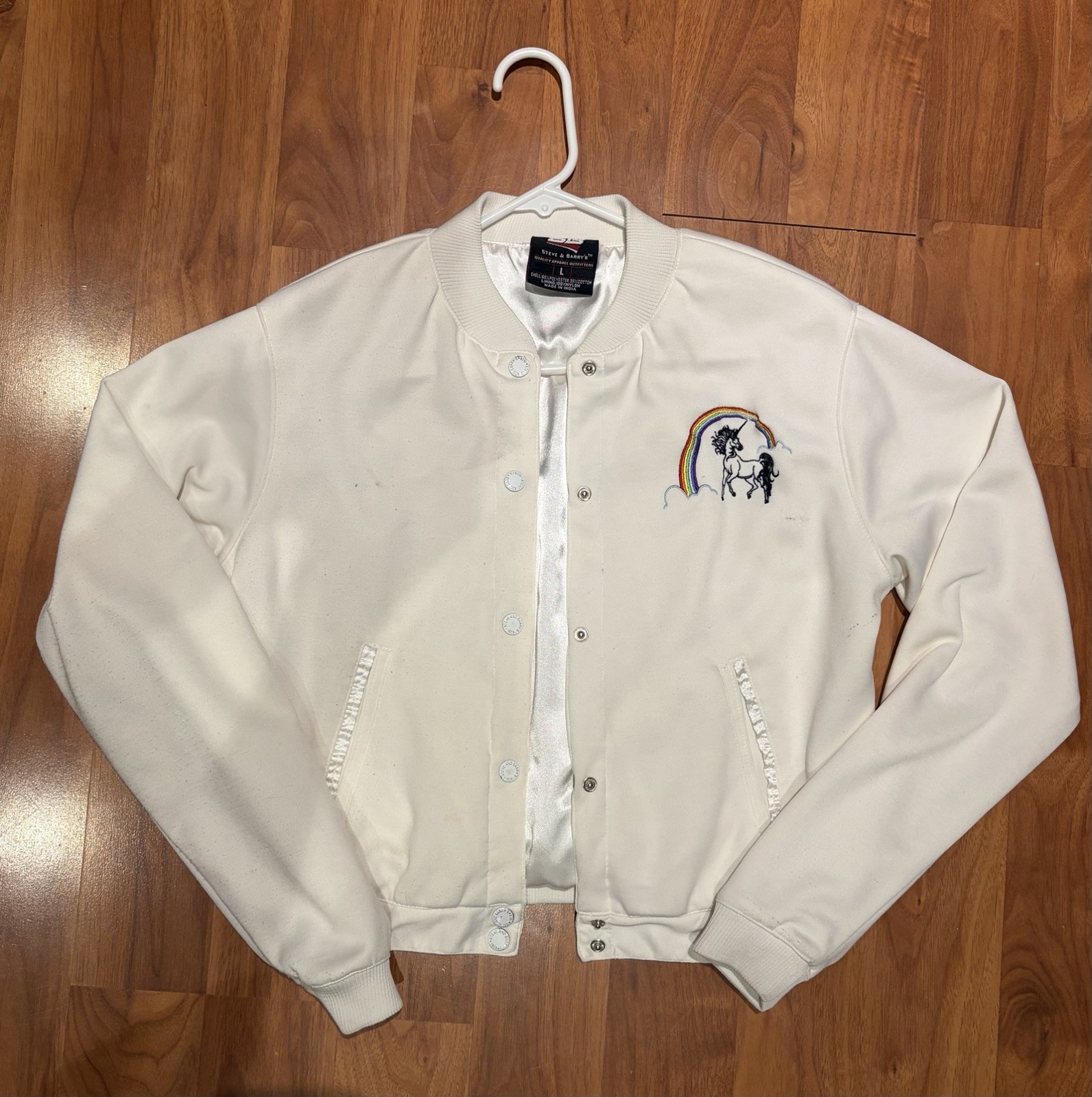 Vintage Steve & Barry’s Unicorn Bomber Jacket White Satin Track Varsity Y2K 00s