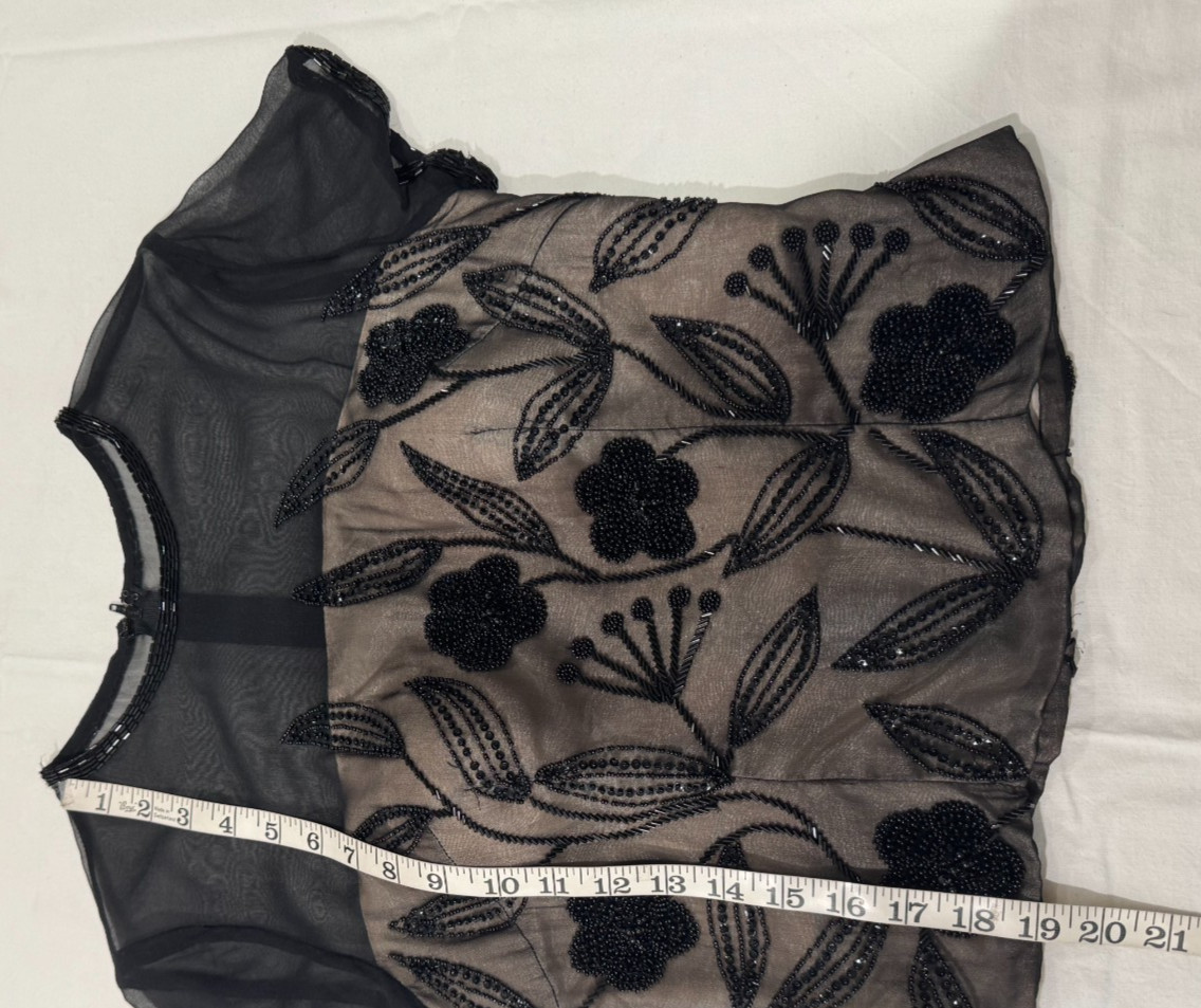 Vtg Adrianna Papell Evening Beaded Silk Top Black Illusion Sheer Nude Lace 6P