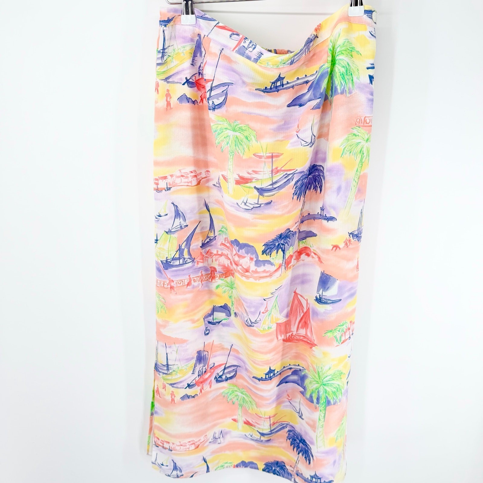 Vintage Bushwacker Scenic Harbor Sailboat Palm Tree Midi Skirt Women’s 12 Lined