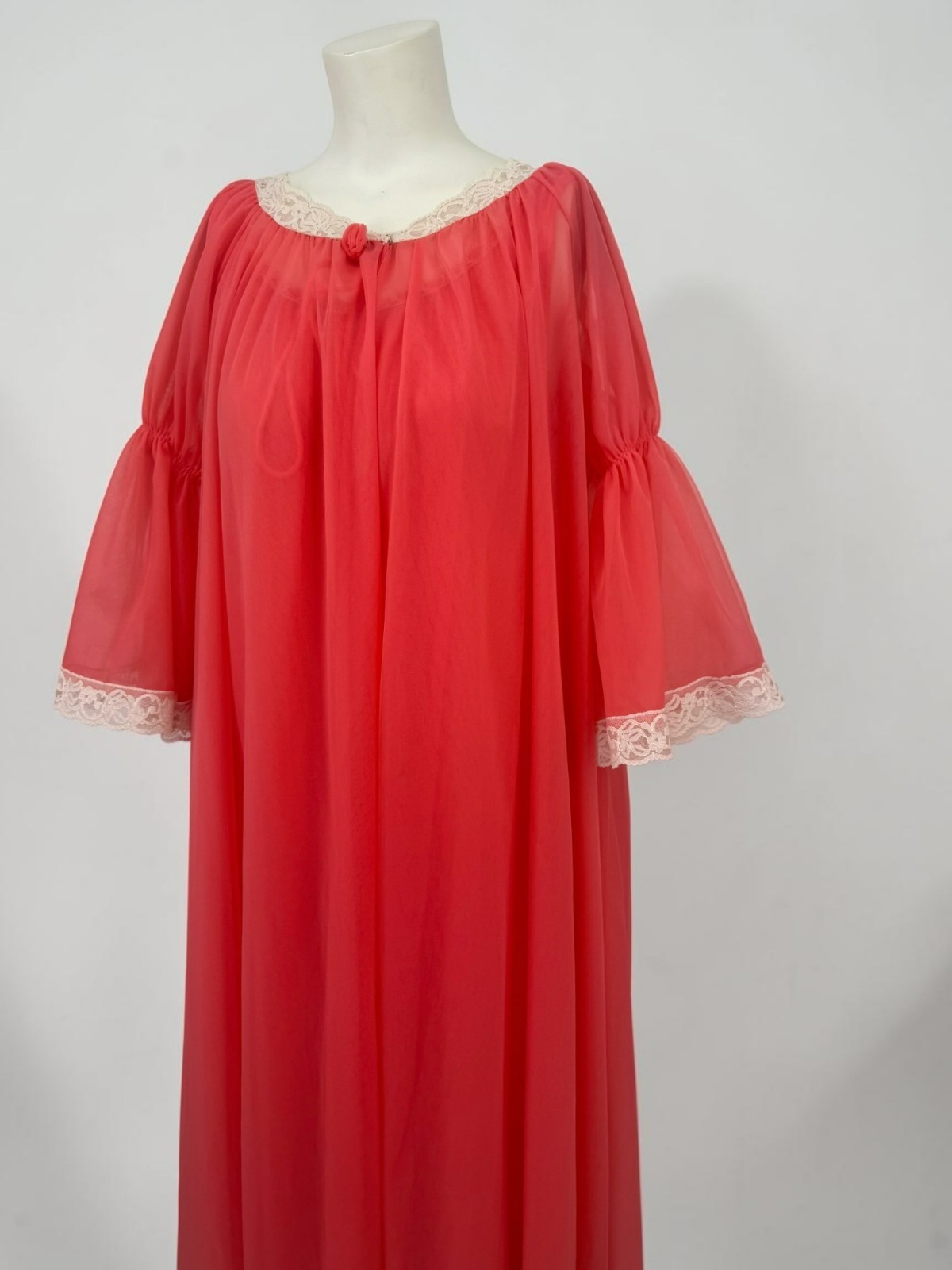 VTG L/XL Miss Elaine Coral Db Sheer Chiffon Peignoir Robe Nightgown Set Bell Slv