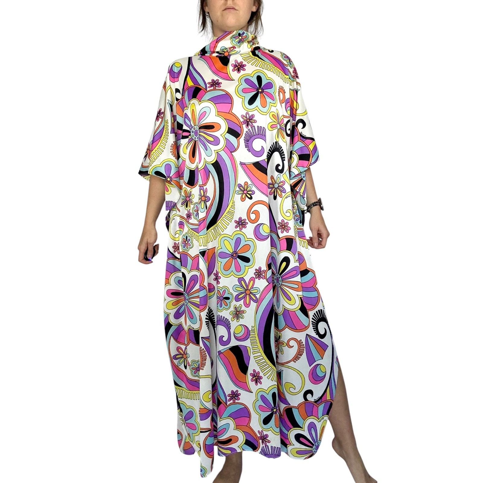 Vintage 1960s Eduardo Butterfield 8 Pop Art Neon Floral Kaftan Maxi Dress