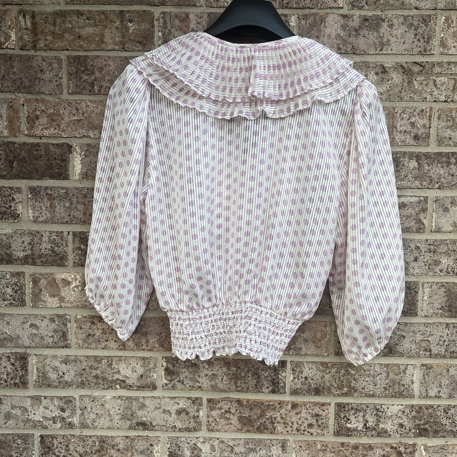 Susan Freis Vintage 80s Sheer Ruffled Boho Blouson Top Pink Polka Dot Small USA