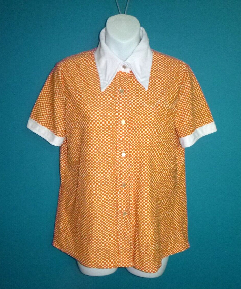 Vtg 70s GROOVY Op Art Poly Button Front Shirt Top Orange White Check Sz 38