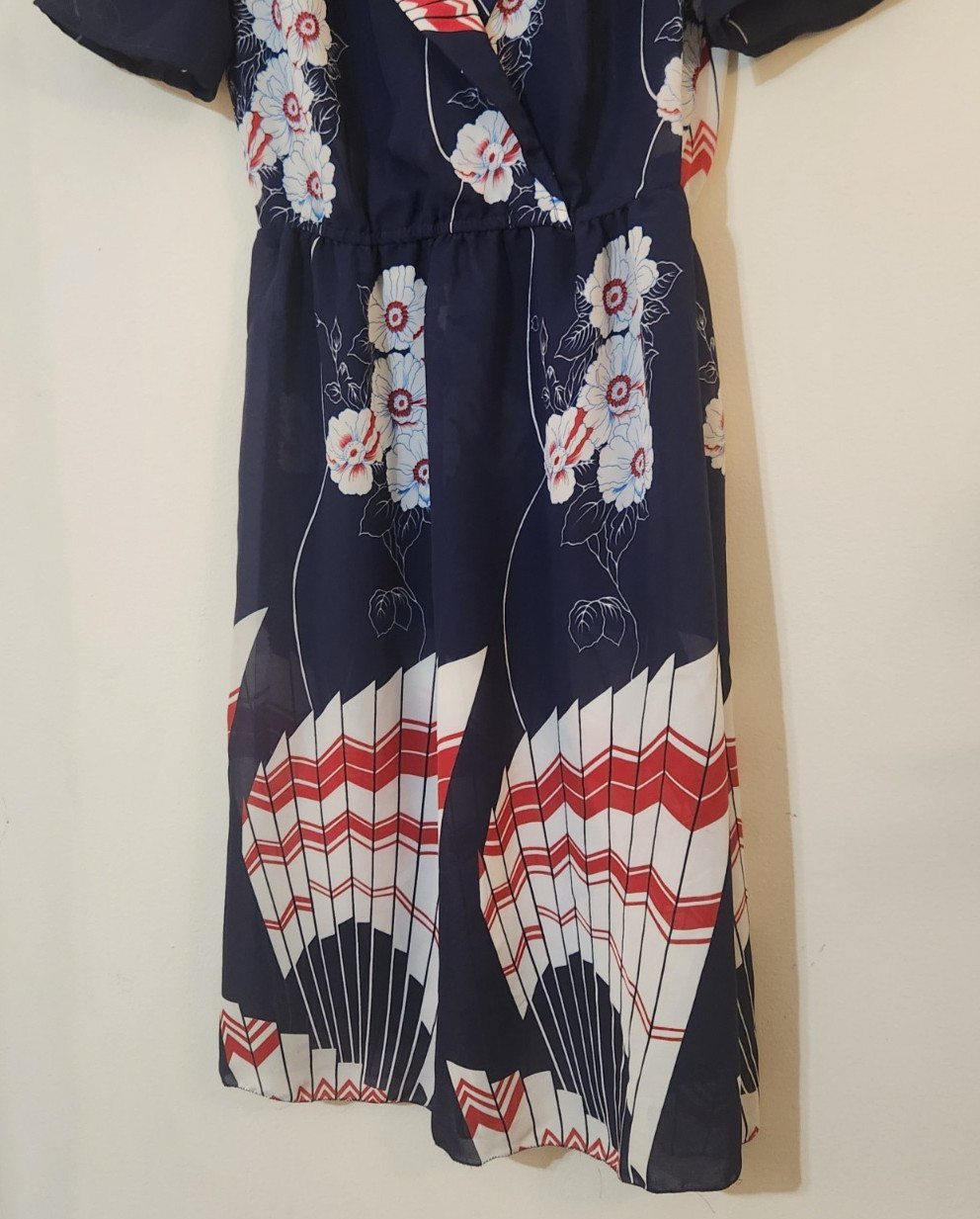 Vintage 80s San Laurance Navy Blue Fan & Floral Print Wrap-Style Day Dress