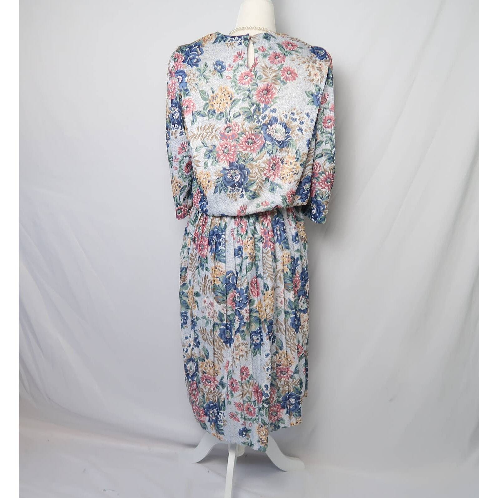 Vintage 80s Cue blue pink and grey granny floral midi dress 10