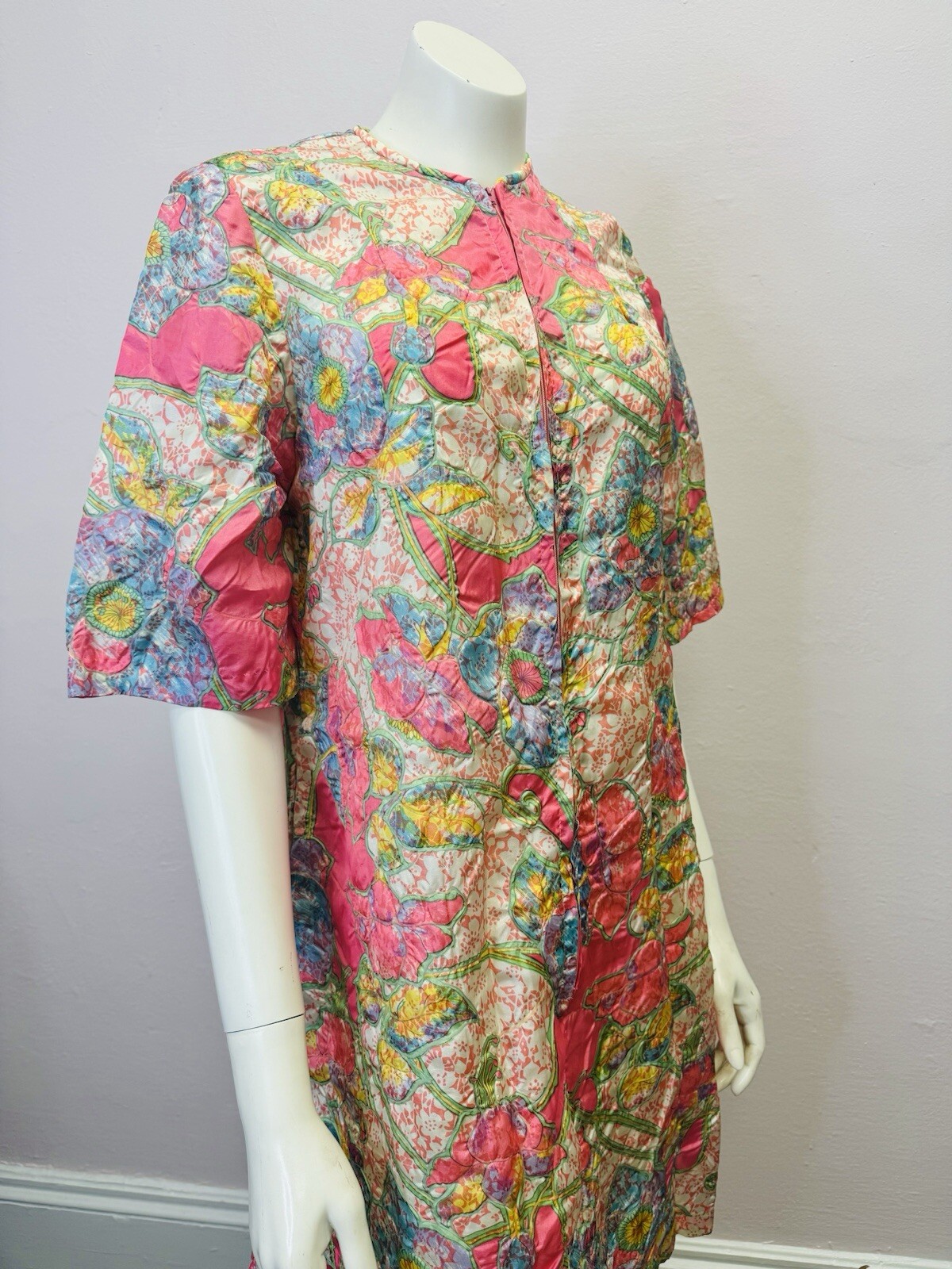 VTG RARE Caftan Kaftan Loungewear night Gown Dress robe glo pink floral zip S/M