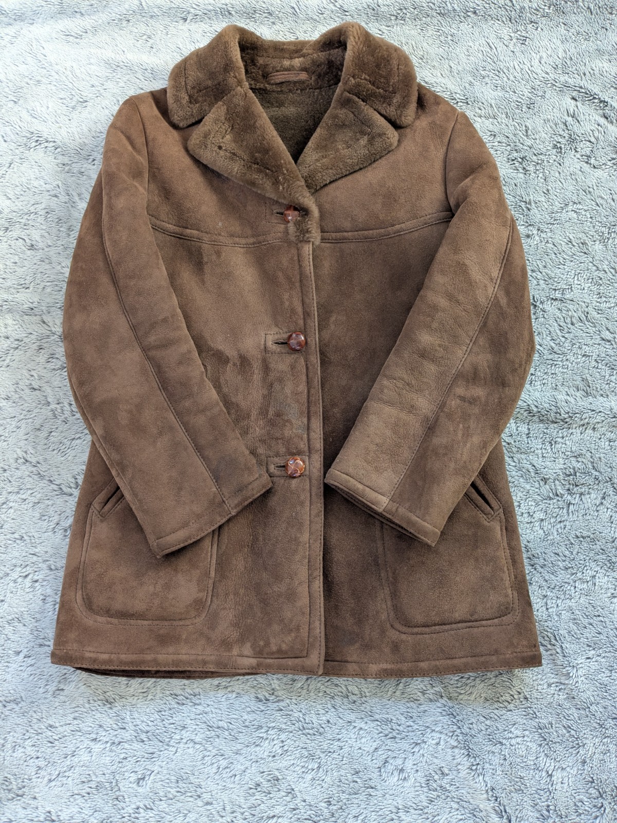 Sawyer Of Napa Shearling Coat Wool Brown Suede Sheepskin Winter Size 12