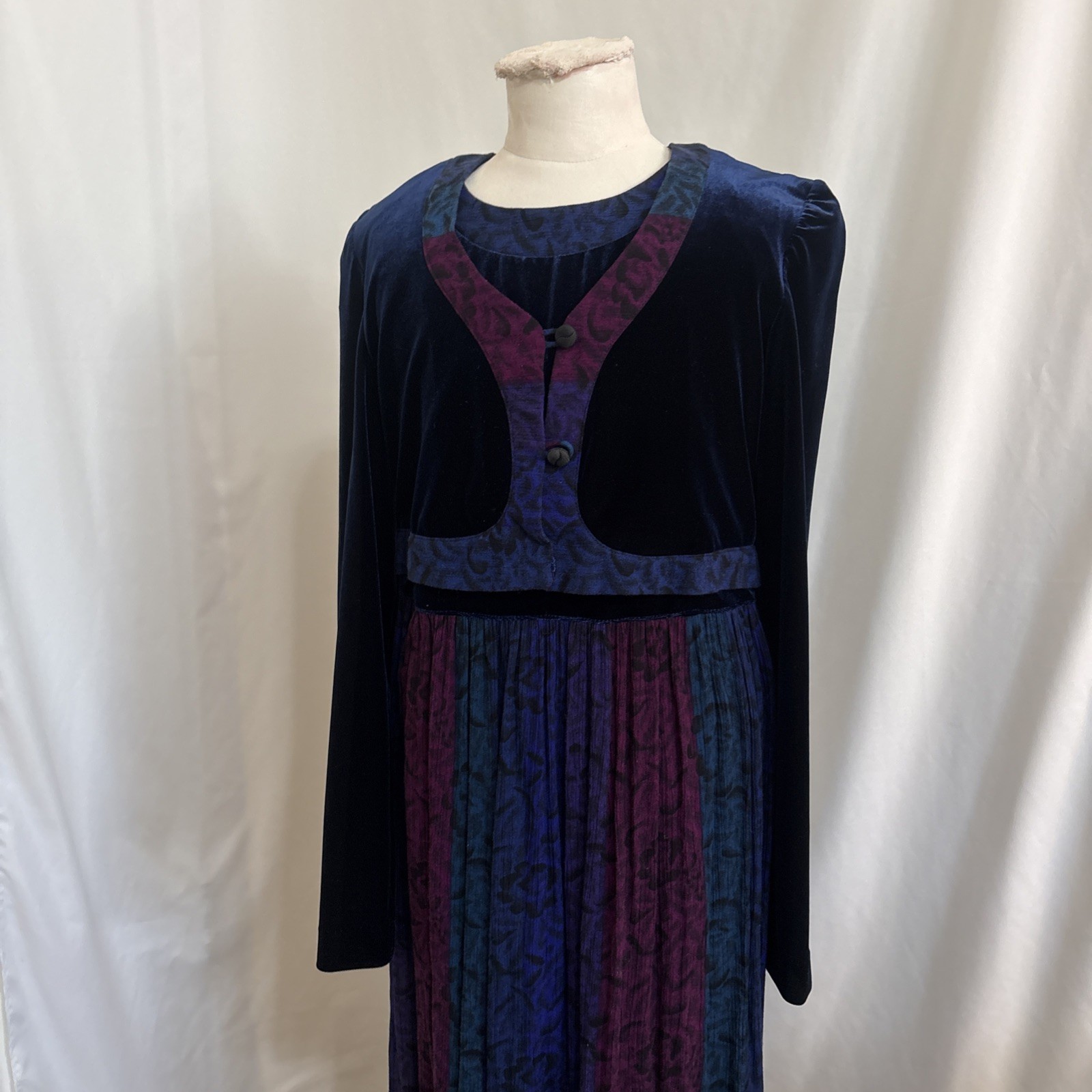 1980s Velvet Color block Midi Dress, Jewel Tone Boho Prairie Style Cottagecore
